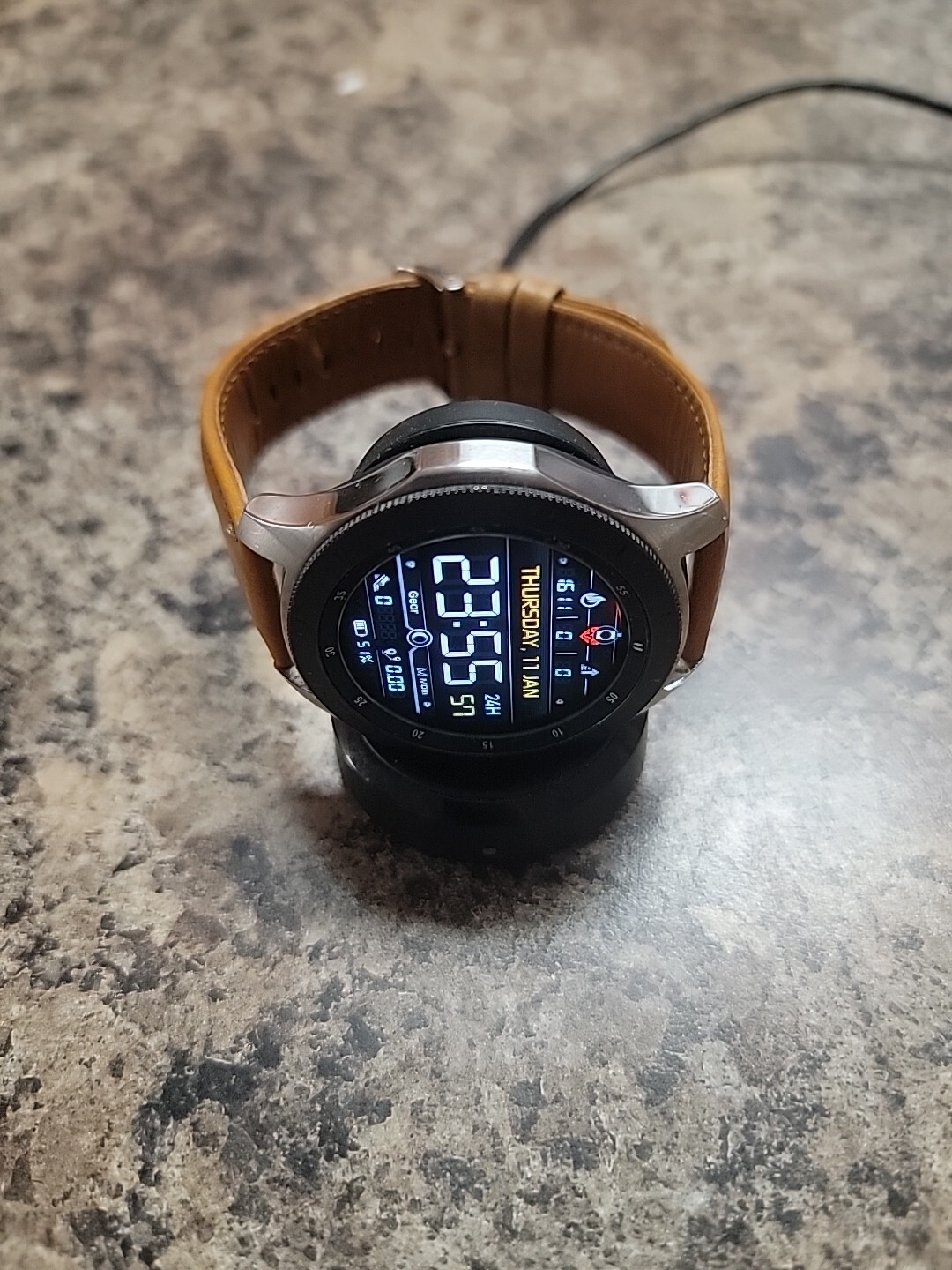 Samsung Galaxy Watch SM-R800 46mm Silver Case Faux Brown Leather Strap