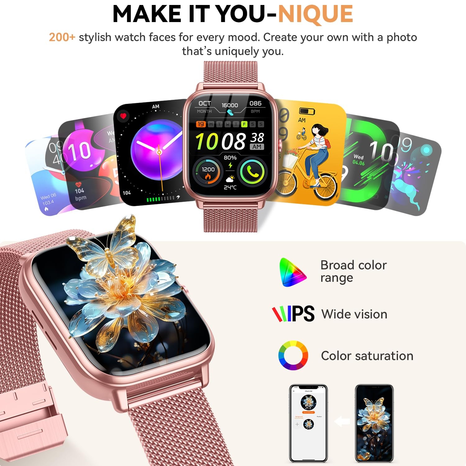 paybay Smart Watch for Women Men- 1000mAh Battery Answer/Make Call, Pink