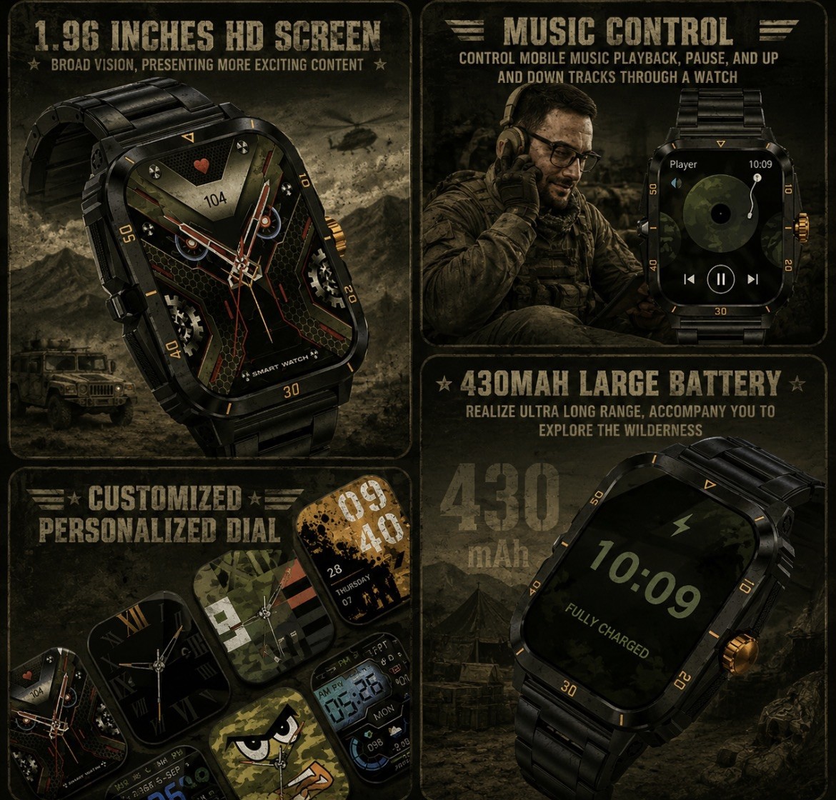 Military Smart Watch Touch Screen, Bluetooth Call