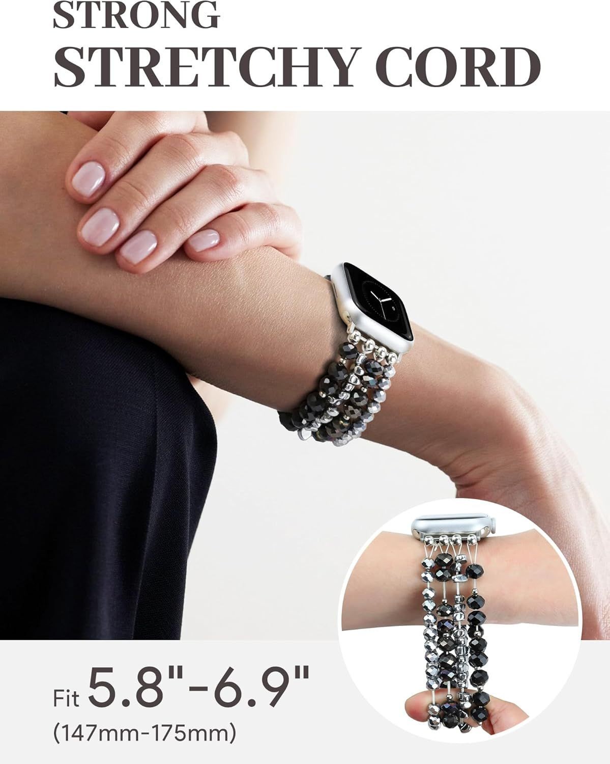 Handmade Beaded Bracelet Band in Black Silver for Apple Watch 38mm 40mm 41mm