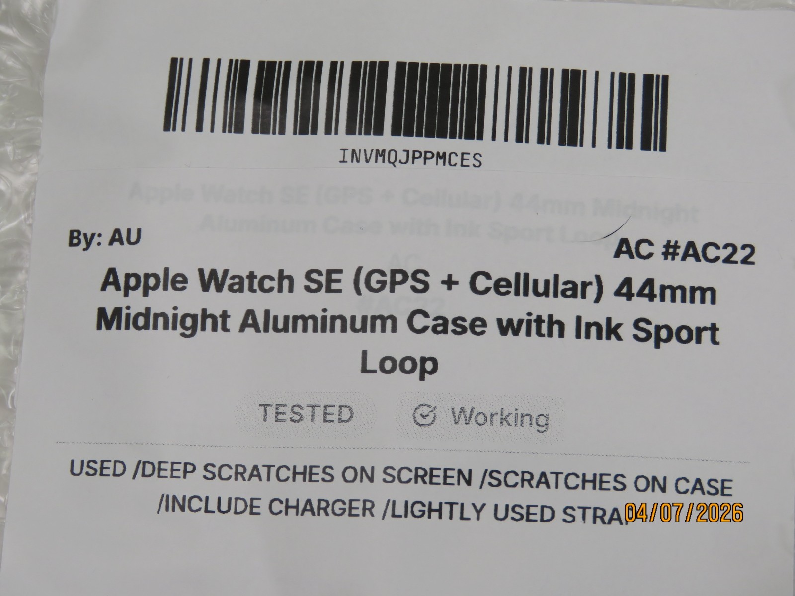 Apple Watch SE GPS+Cell 44mm Midnight Aluminum Case with Ink Sport Loop [AC22]