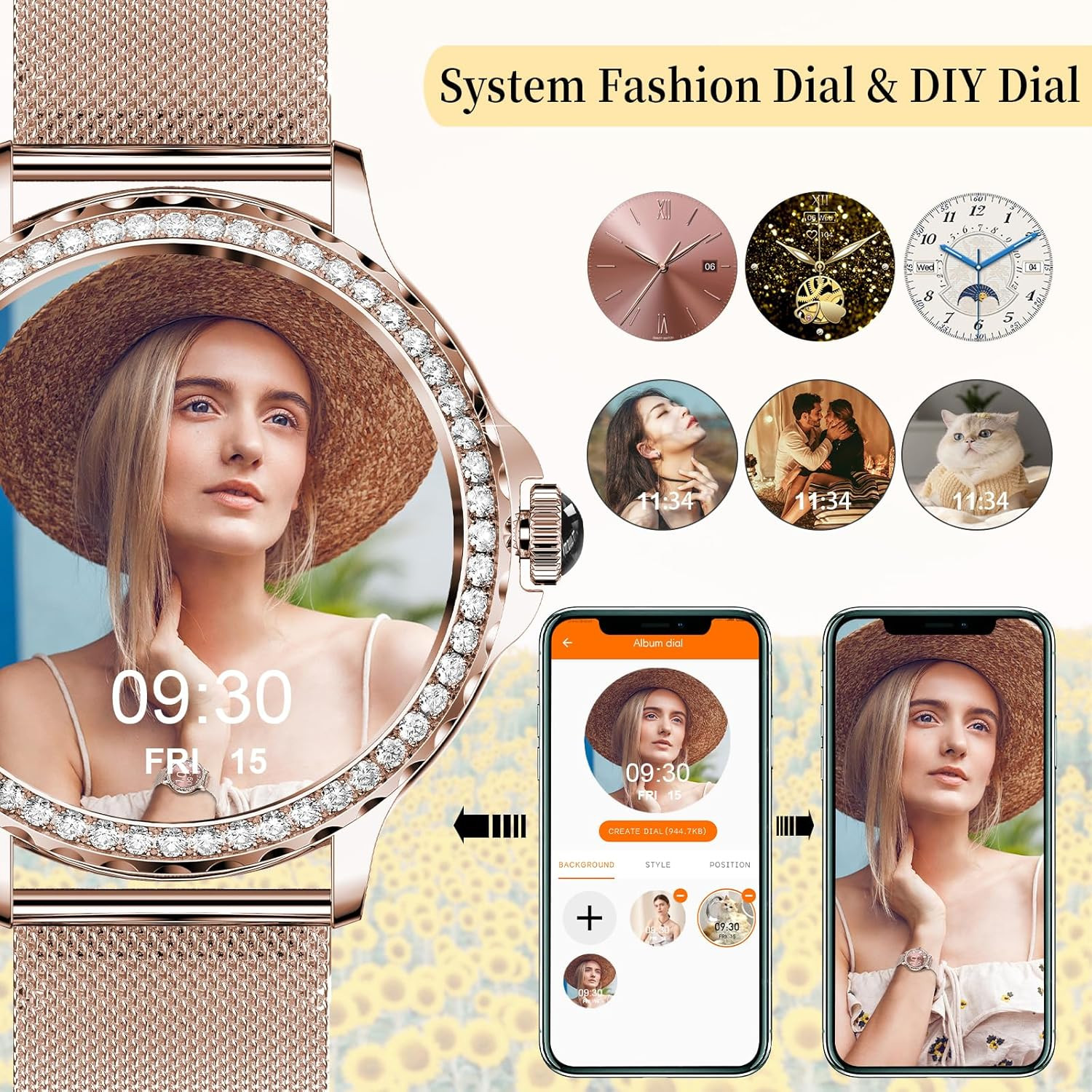 Smart Watches for Women (Answer/Make Call) with Diamonds, 1.3”HD Screen Bluetoot