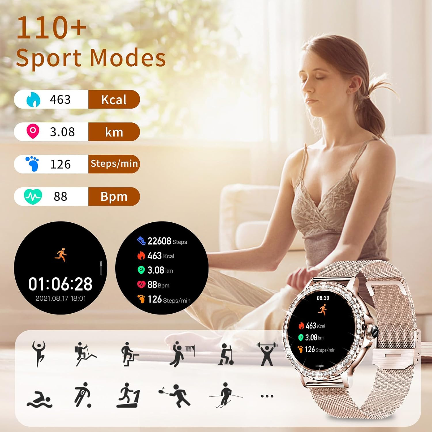 Smart Watches for Women (Answer/Make Call) with Diamonds, 1.3”HD Screen Bluetoot
