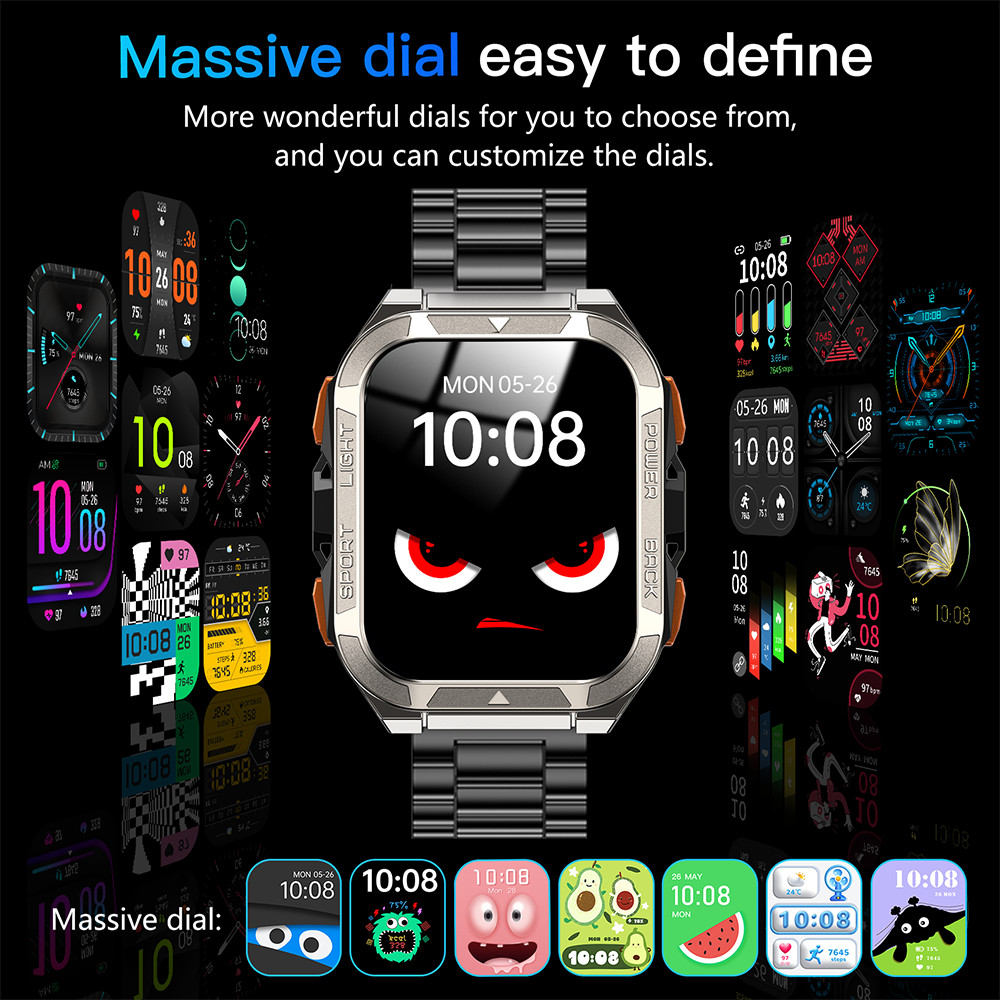 Military Smart Watch Men 900mAh Stainless Steel Watches Flashlight Fitness Track