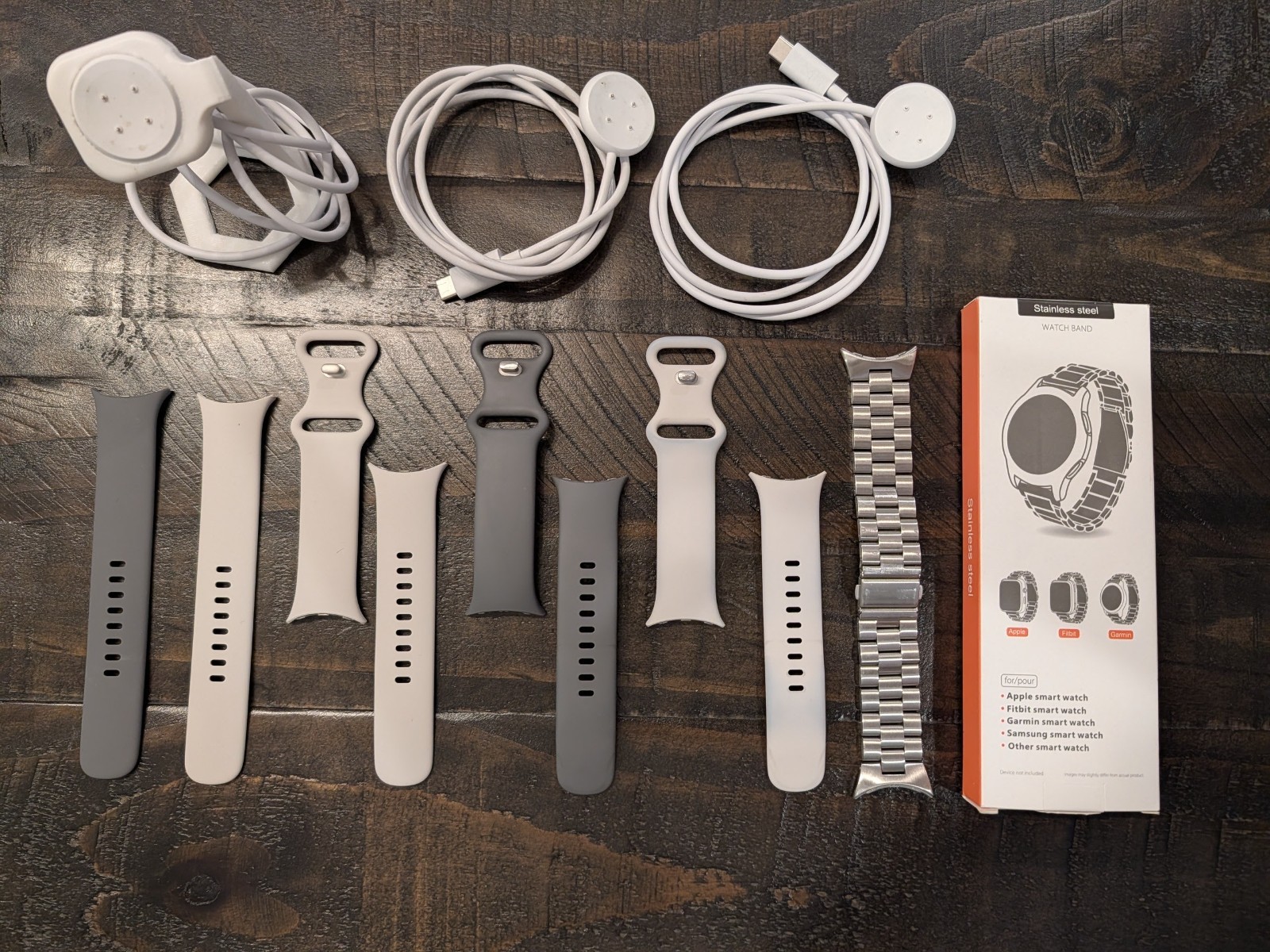 Google Pixel Watch 41mm Stainless Steel, White, Grey Bands & 3 Chargers & Stand