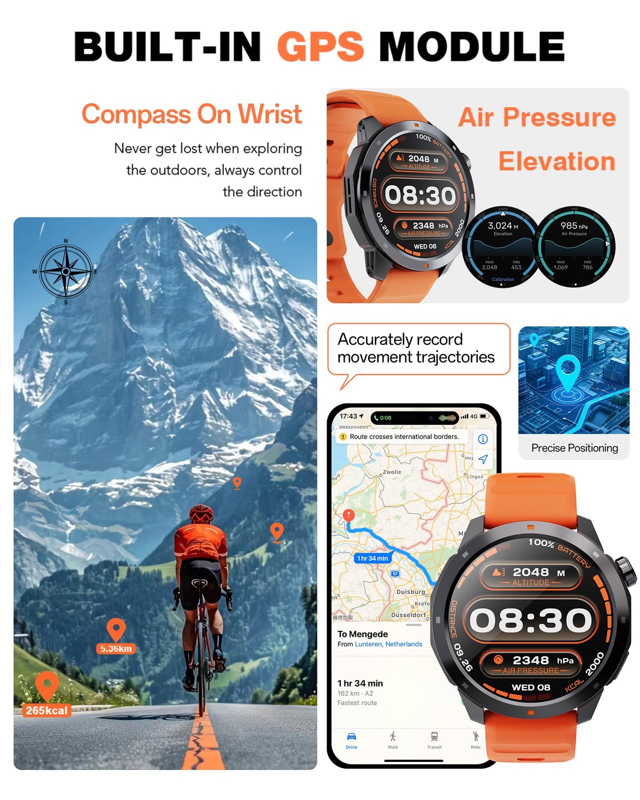 AOLON GPS Smart Watch for Men, 1.43″ AMOLED, Compass/Barometer, 3ATM/IP68