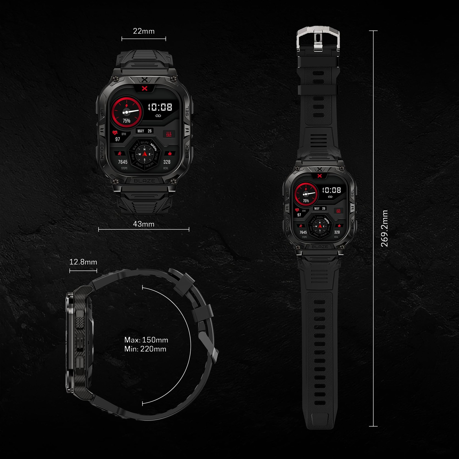CARBINOX Blaze Smart Watch with GPS Sport Mode, Rugged Fitness Tracker Waterp…