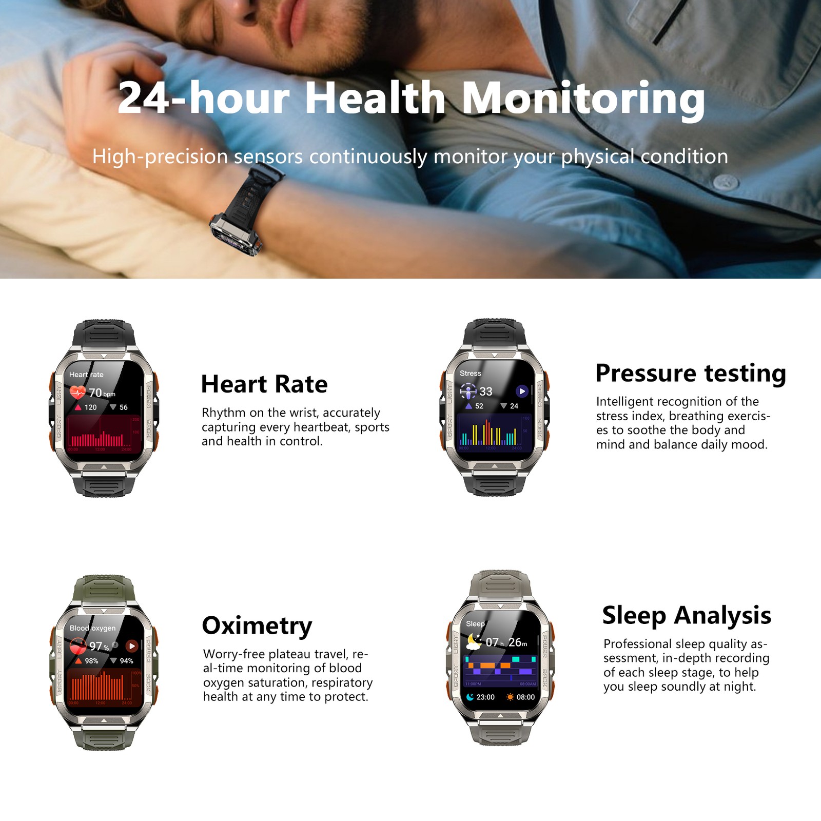 Military Smart Watch Built-in GPS ChatGPT AI 900mAh LED Bluetooth Black Open Box