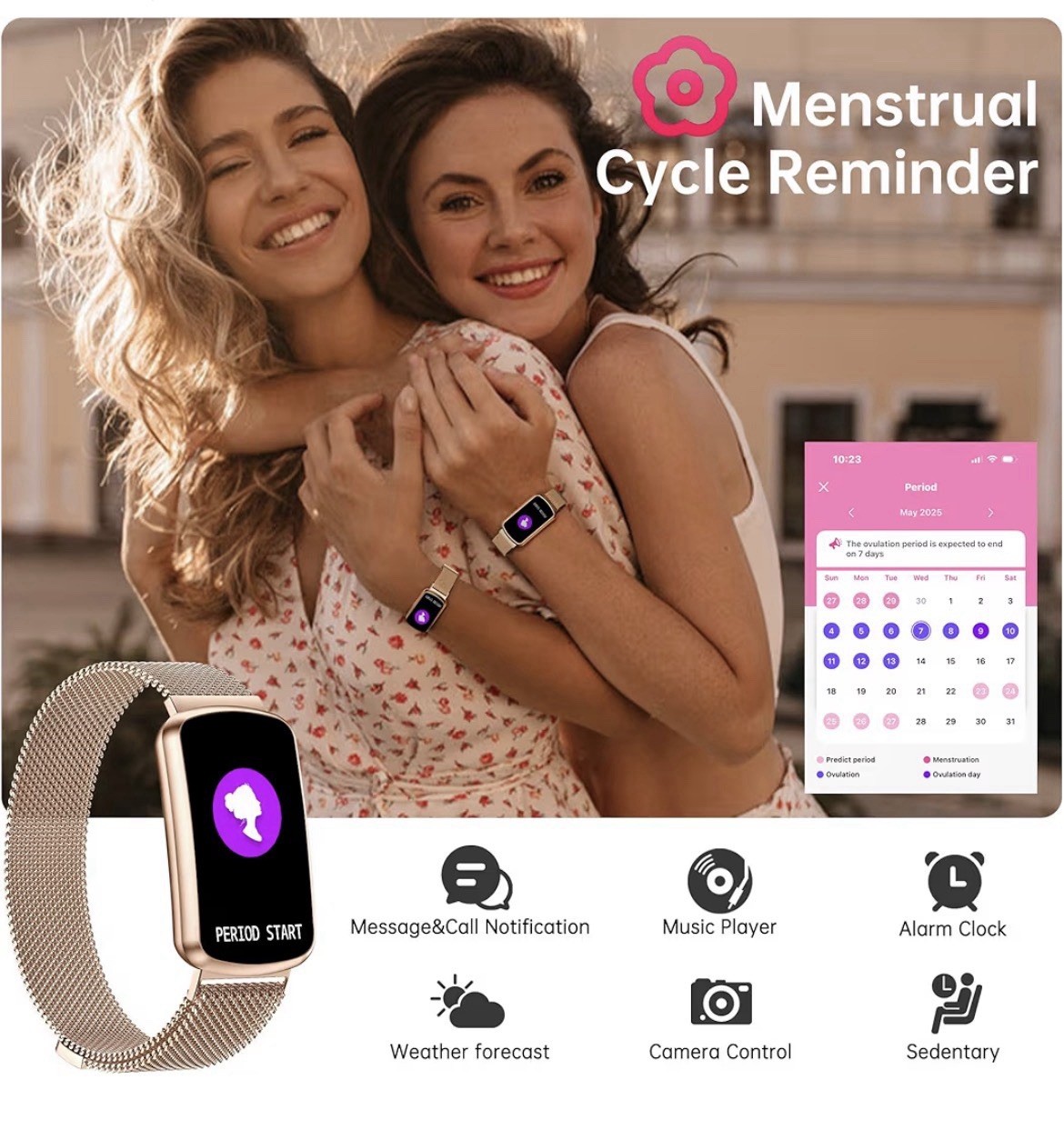 Smart Fitness Watch 30mm Rose Gold Metal Case SS Mesh Band HR Sleep Waterproof