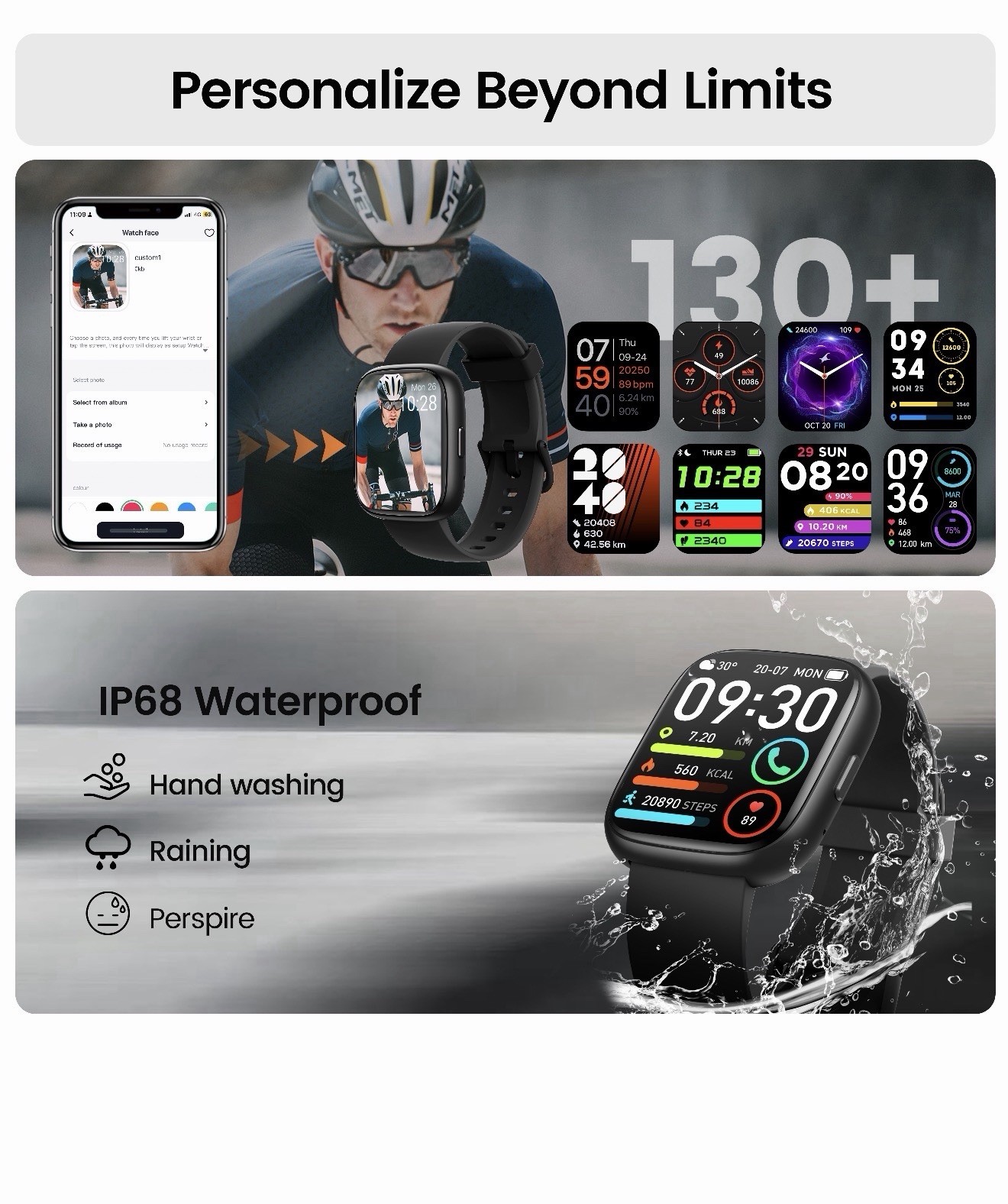 1.83 in HD Touchscreen Smart Watch Bluetooth Calling IP68 Black Silicone Band