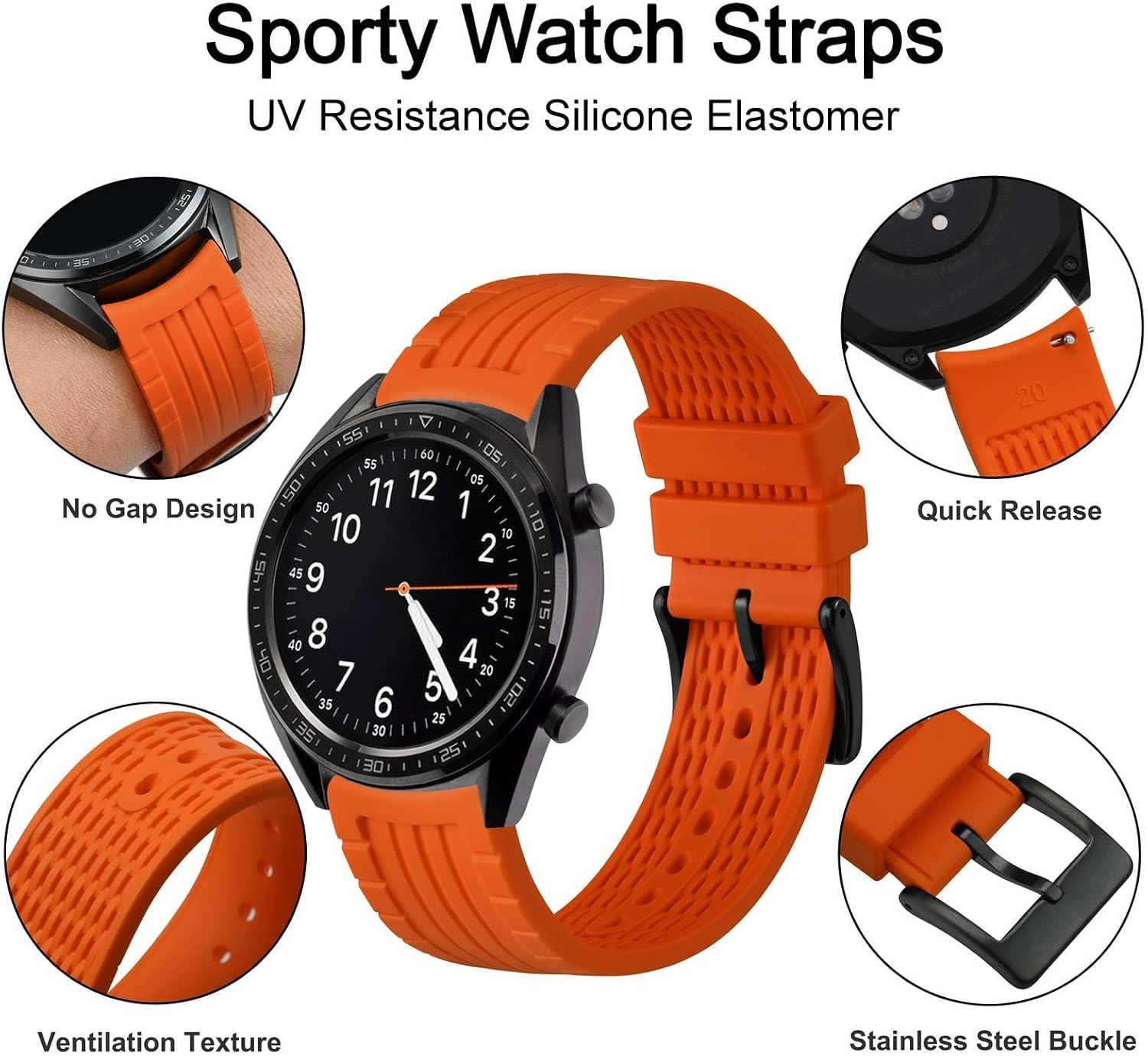 22mm Silicone Watch Band for Curved End Watches, Silky Touch, Black Buckle
