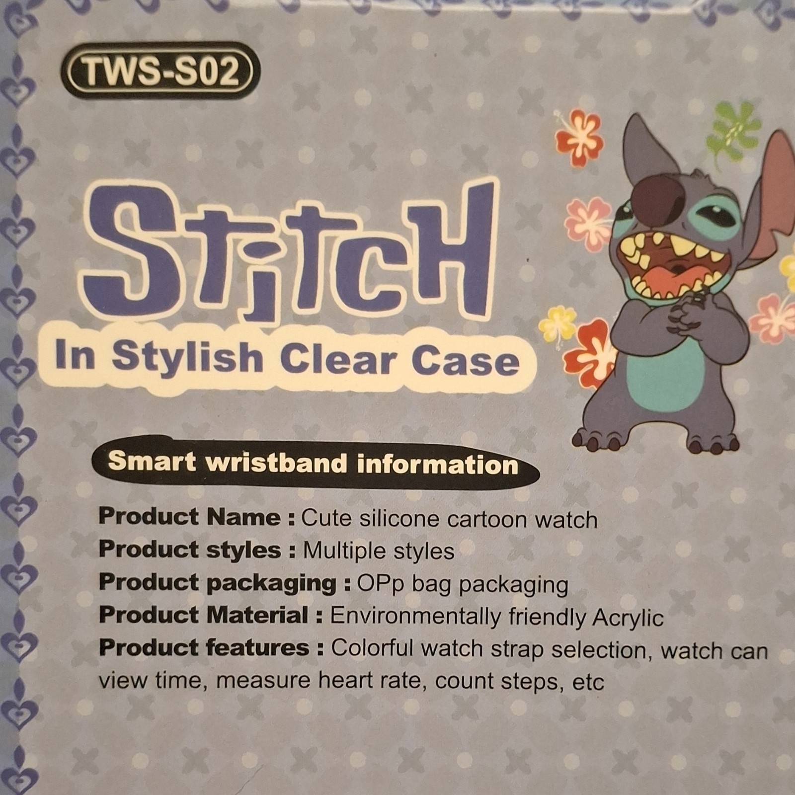 Stitch TWS-S02 Smart Watch Black Acrylic Case Blue Silicone Band Heart Rate