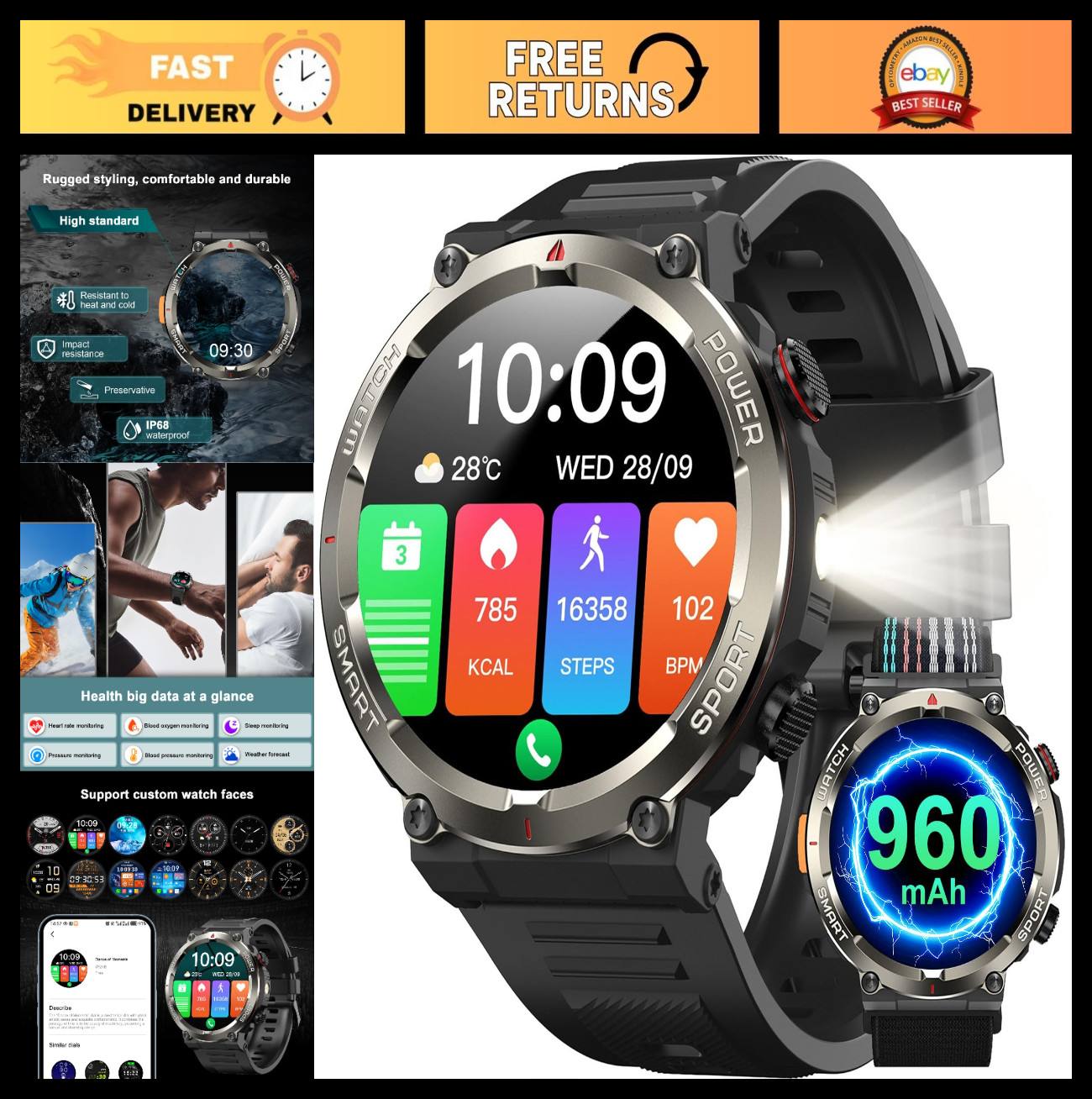 Tactical Smart Watch for Men, 1.45″ Fitness Tracker, IP68 Waterproof, 30-Day Bat
