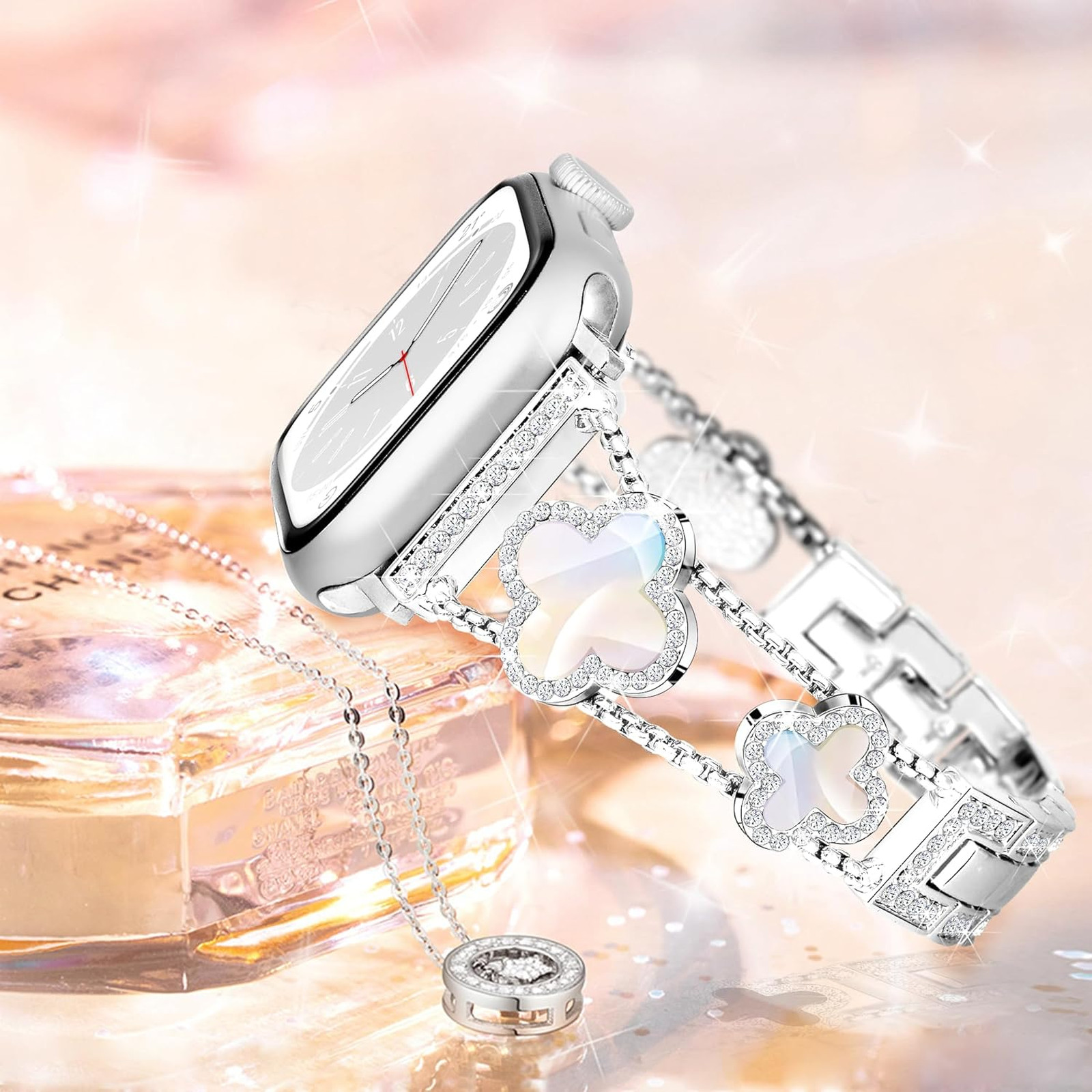 Clover Apple Watch Band for Women, Bling Diamond 42mm 41mm 40mm 38mm