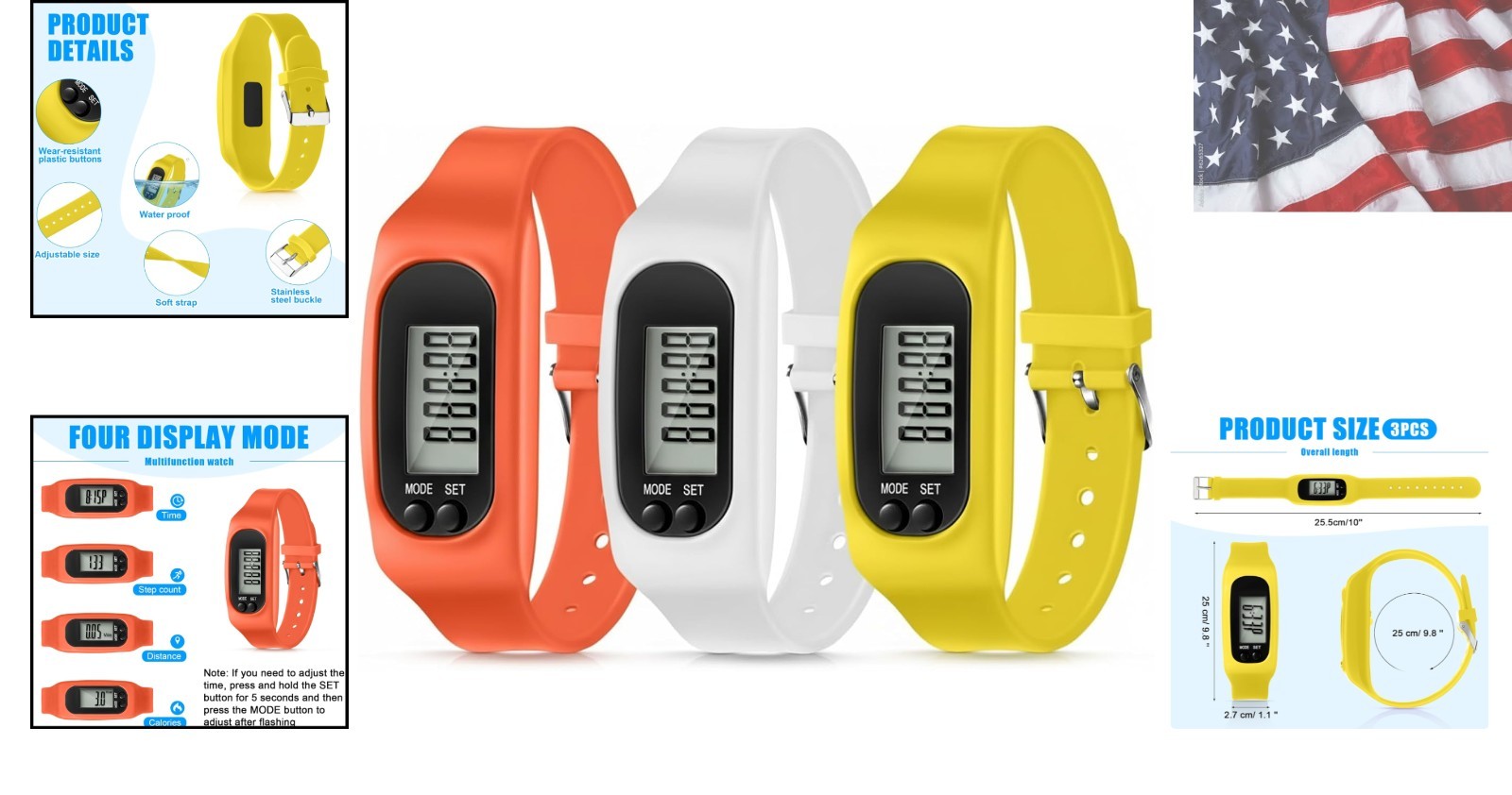 Silicone Fitness Tracker Watch 3 Pcs Walking Running Pedometer Calorie Burnin…