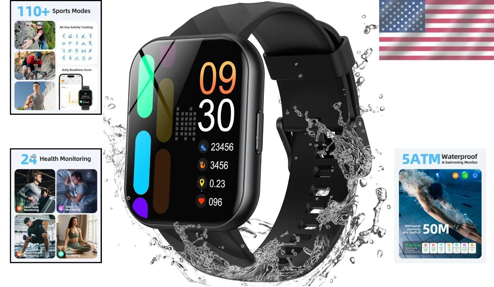 Stylish 5ATM Waterproof Fitness Watch – Heart Rate, Sleep & SpO2 Monitor, Black