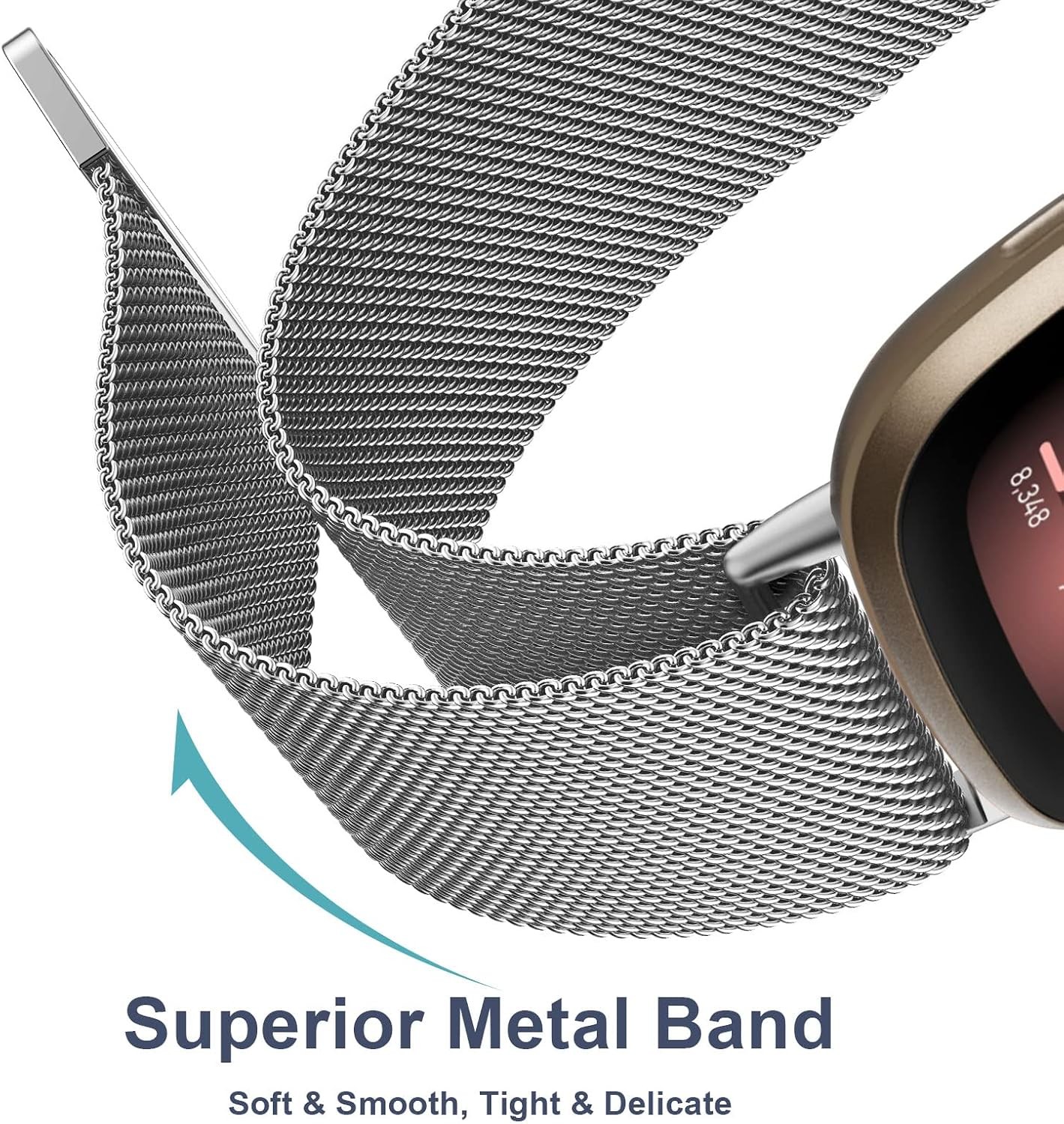 Metal Band for Fitbit Sense 2 / Versa 4, Stainless Steel Mesh Loop Strap