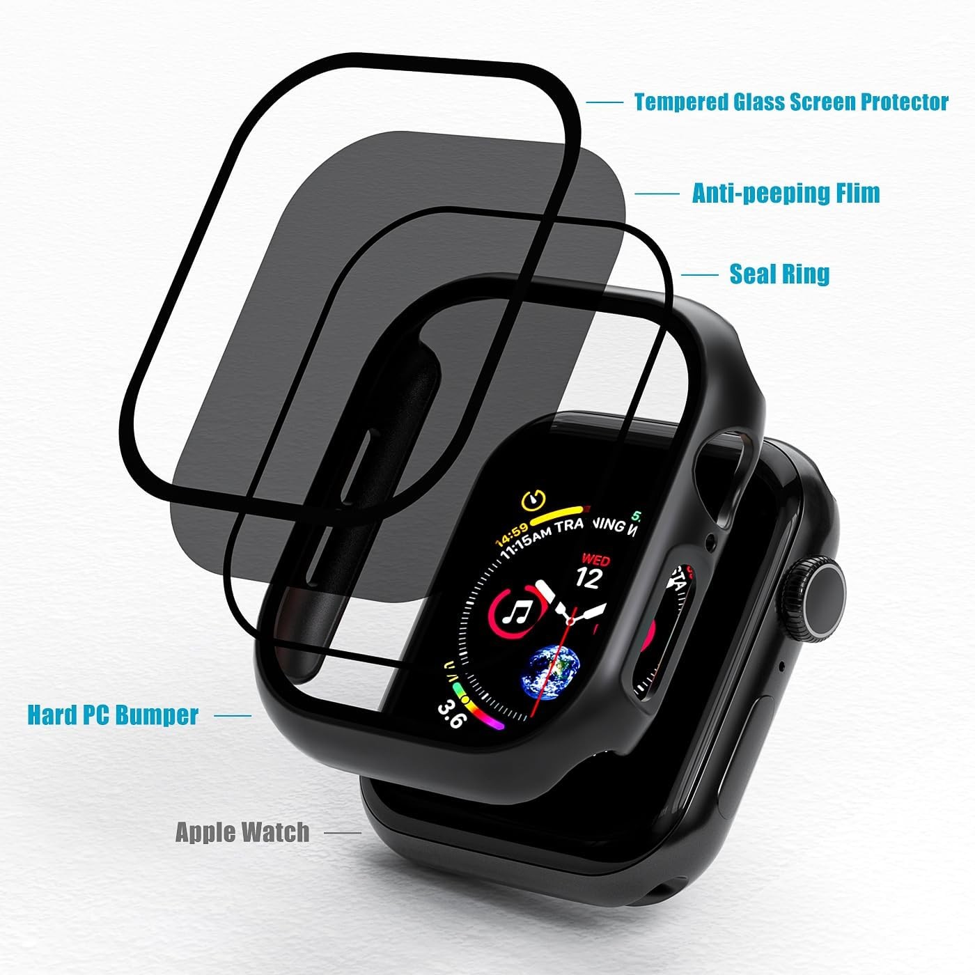 2 Pack Black Privacy Case with Tempered Glass for Apple Watch Series 10 46mm