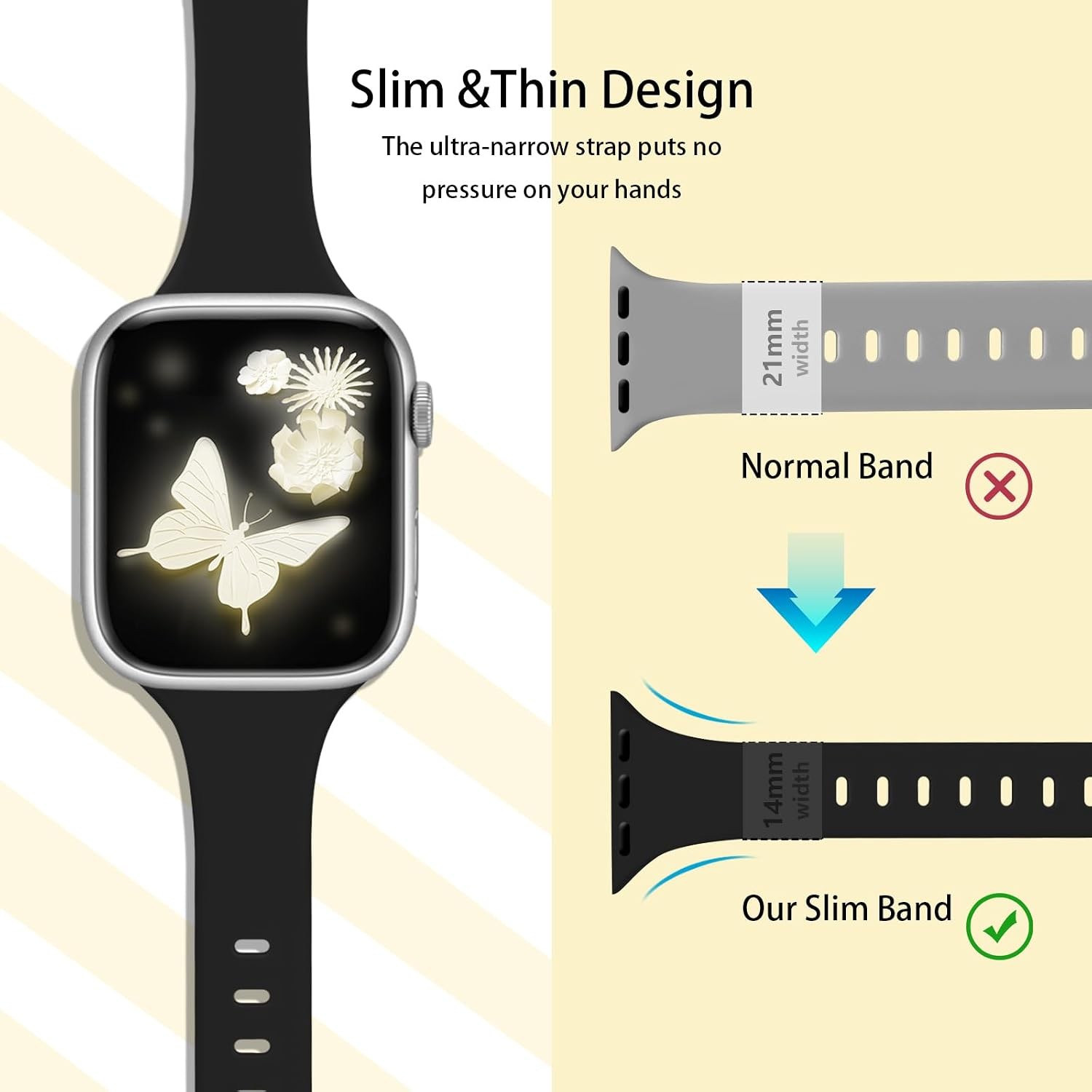Narrow Black Silicone Band for Apple Watch Series 7, 38mm 40mm, Soft Sport Strap