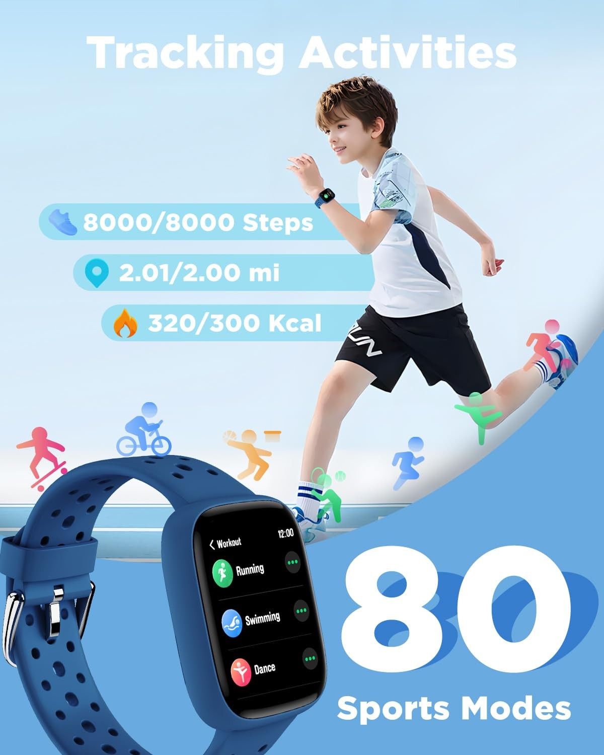 BIGGERFIVE Kids Smart Watch Blue 1.8″ Pedometer Games