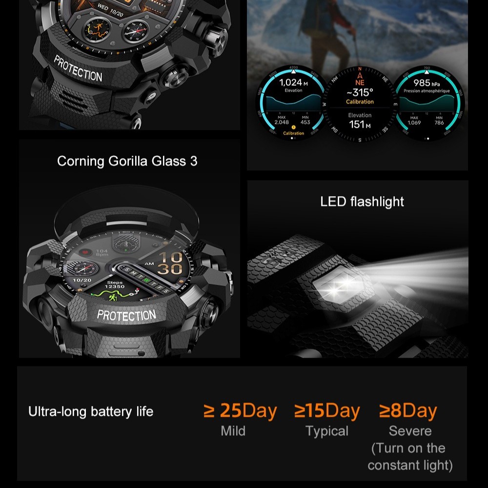 Military Smart Watches For Men GPS Tactical LED Flashlight Sport Fitness Tracker