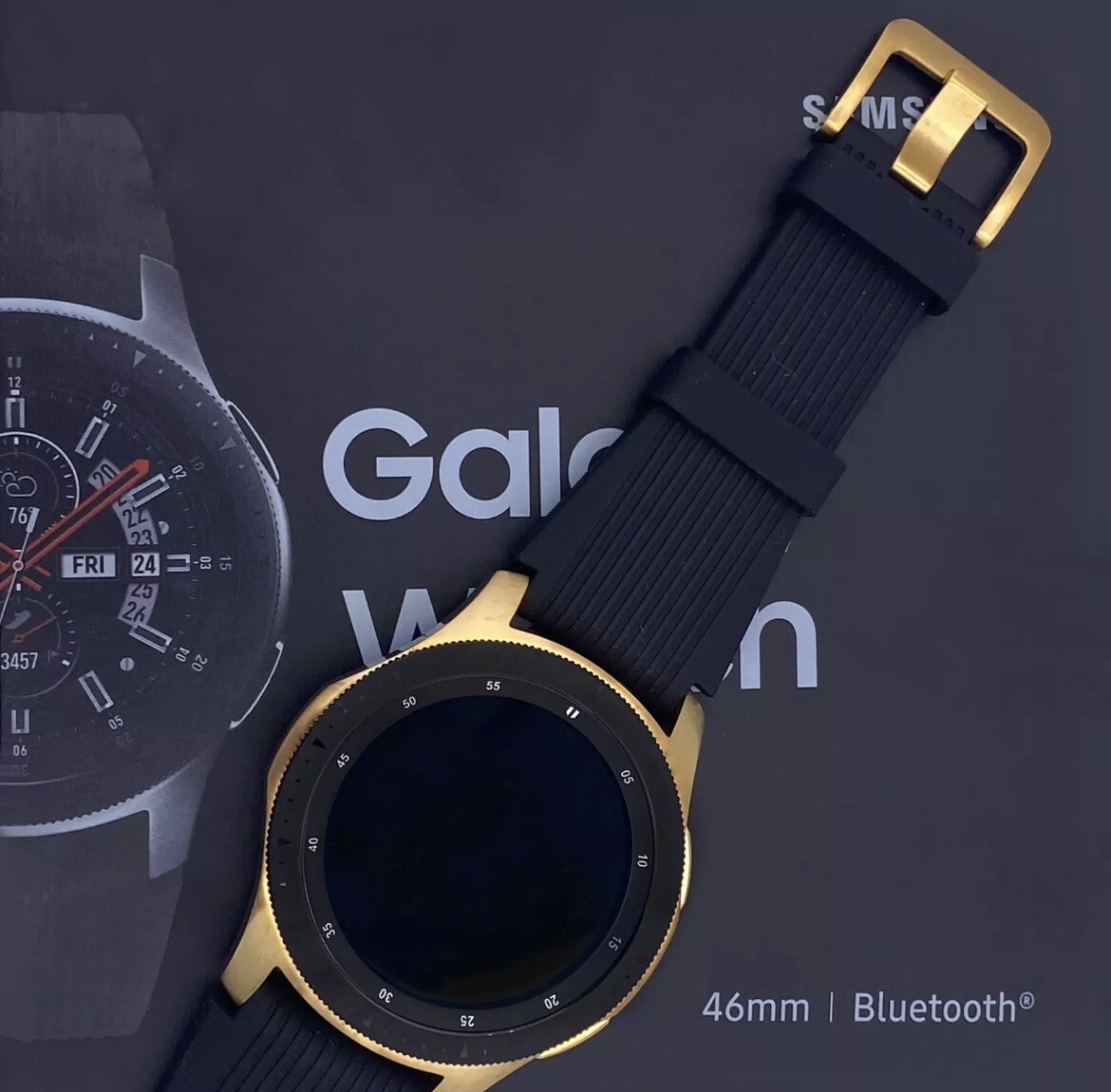 18K Gold Plated 46MM Samsung Galaxy Watch with Black Band – Bluetooth
