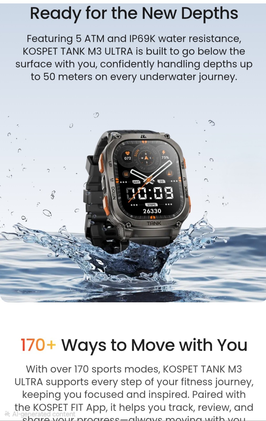 Kospet Tank M3 Ultra Black Rugged Waterproof Military Sport Bluetooth GPS Silico