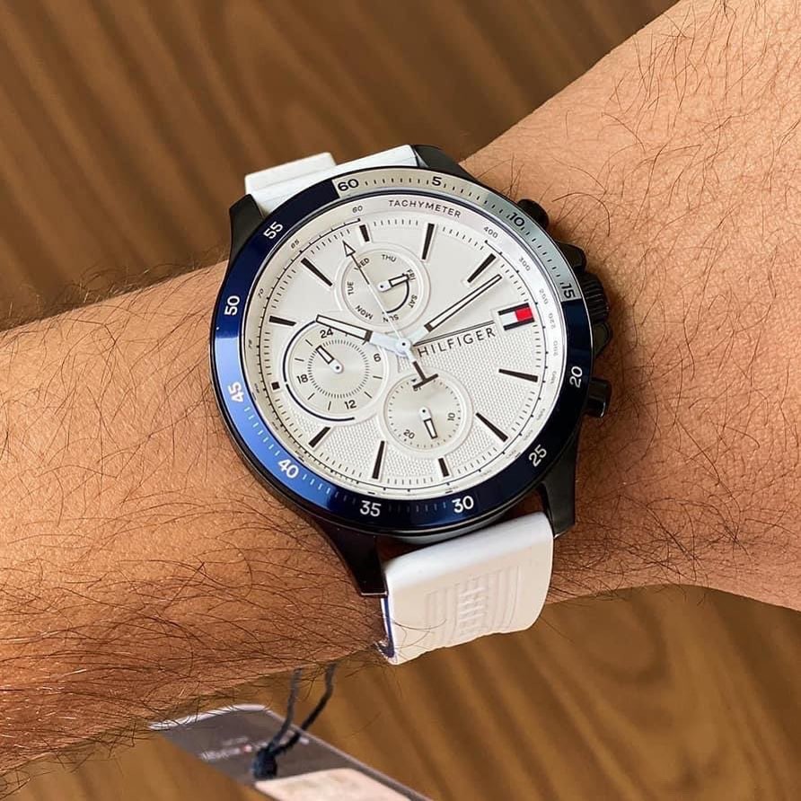 Tommy Hilfiger BANK Men’s Watch 1791723 White Silicone Strap Multi-Function 46mm
