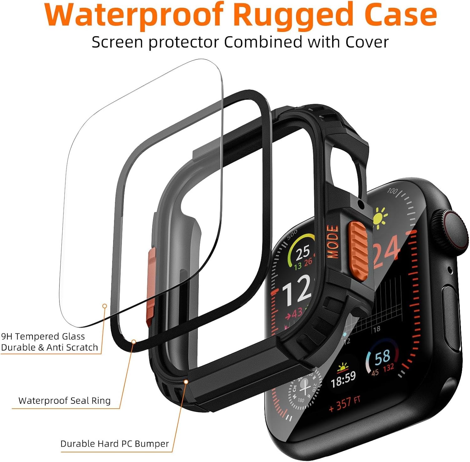 Durable Black Waterproof Case for 46mm Apple Watch Series 10 11 with Glass Prote