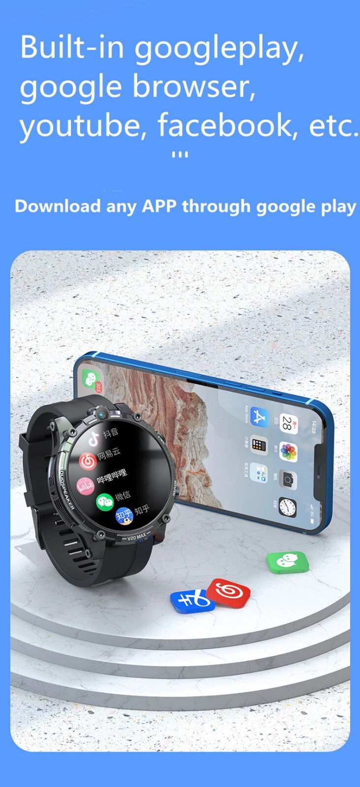 V20 Max 1.6 inch 4G LTE (4GB/128GB) Dual Cam Wi-Fi Sports Pedometer Heart, New