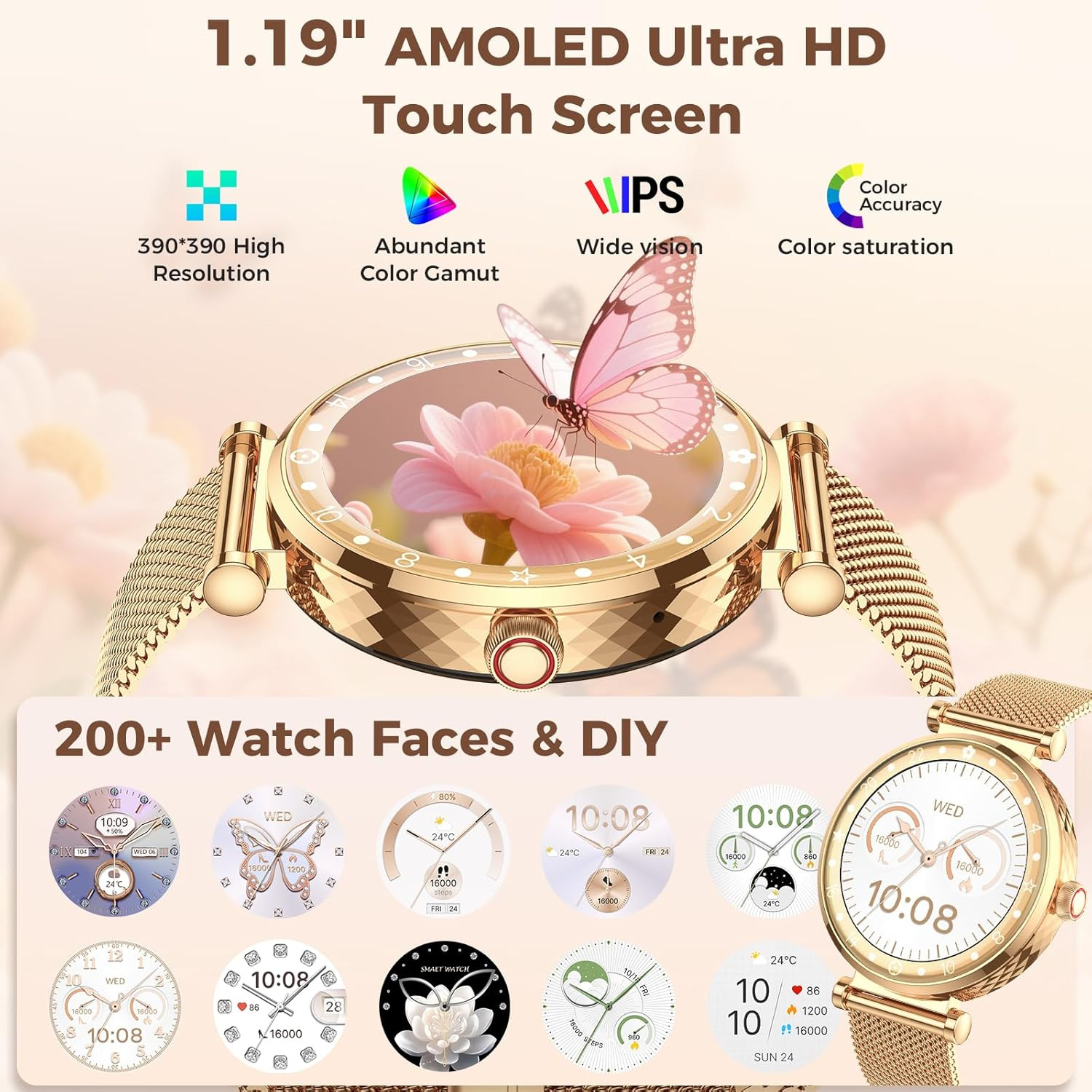 Smart Watch for Women, HD AMOLED Display Fitness Tracker Bluetooth Make/Answe…