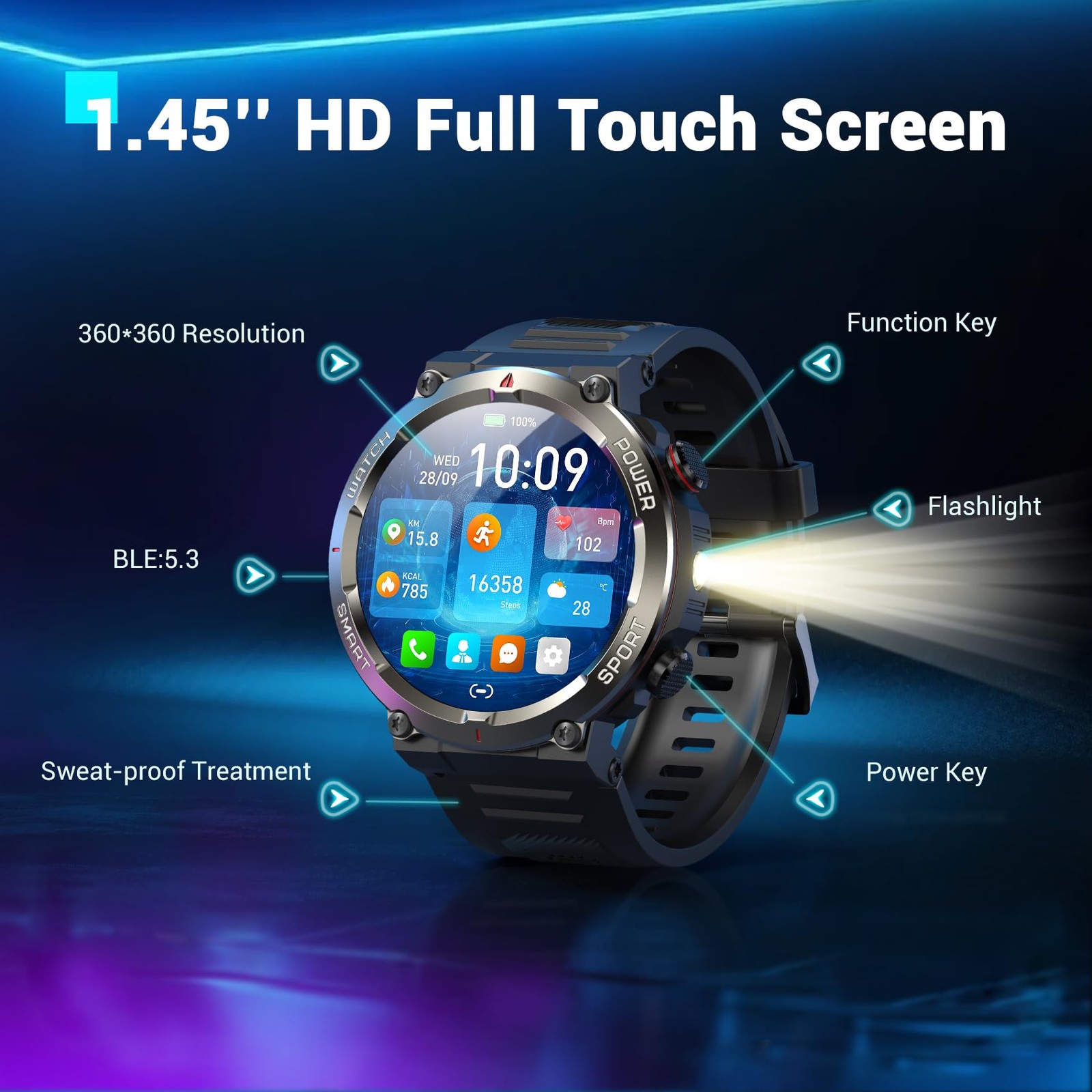 Military Smart Watch for Men(Answer/Make Calls),Outdoor L, W50Pro-Black
