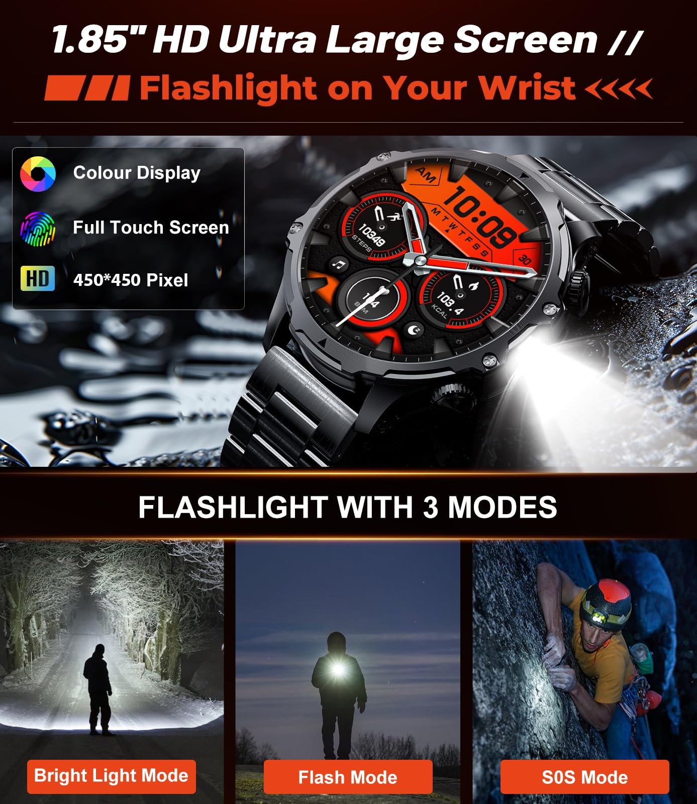 HIRREO Military Smart Watch for Men, 1.85” HD Large Screen Black, Black