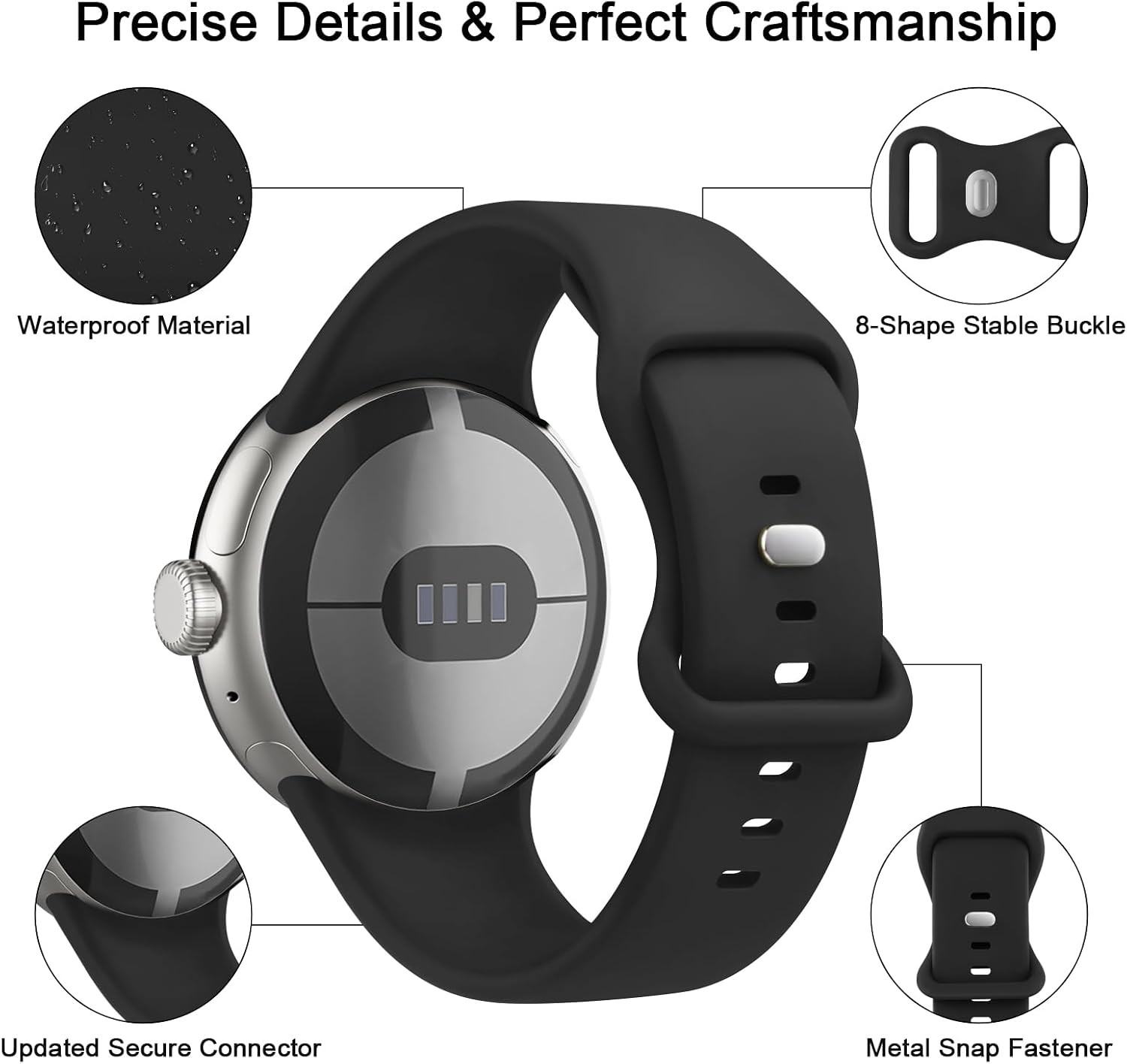 Black Soft Silicone Replacement Band for Google Pixel Watch 2/3 (41mm) Sports St