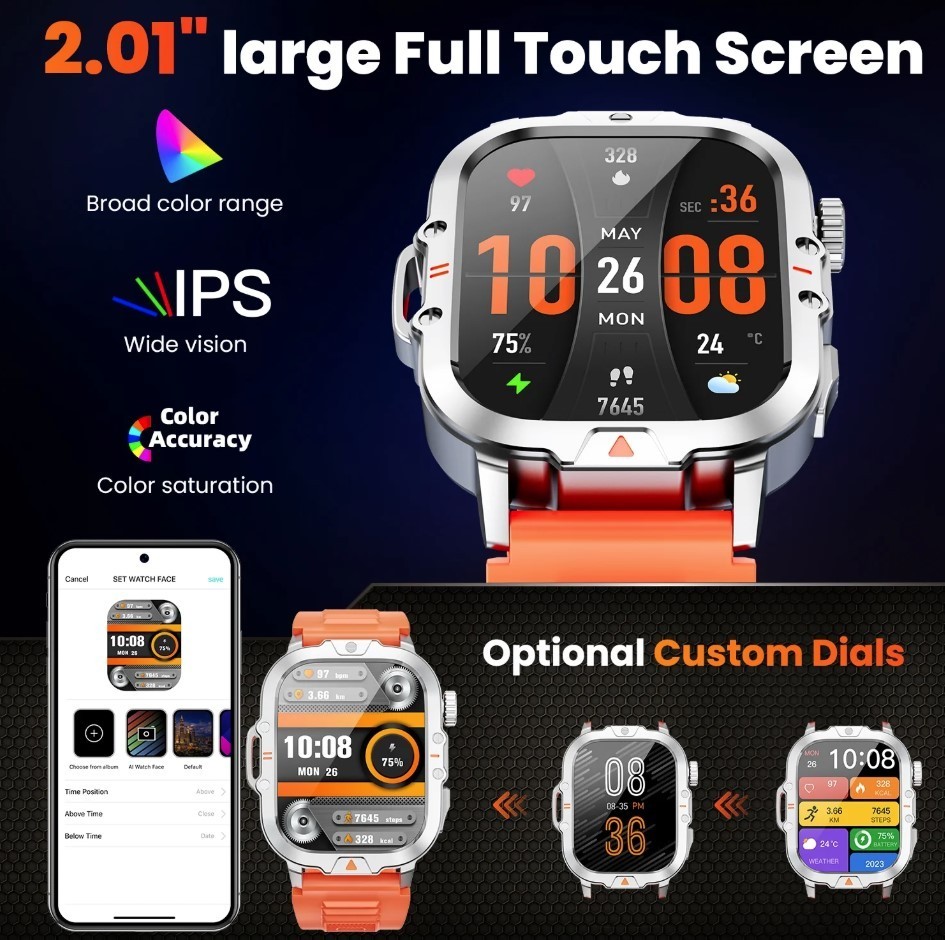 Mingwear L31 Military Smartwatch, 2.01″ High-Resolution Display, IP68, Orange