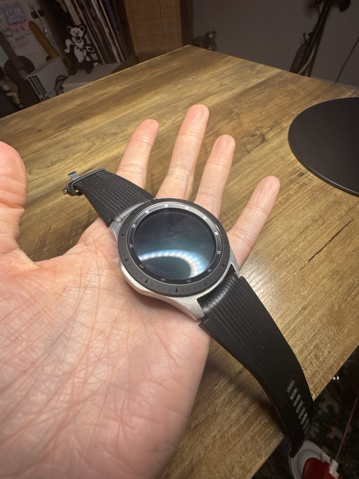 Samsung Galaxy Watch 46mm Silver Black Silicone Touch BT w/ charging stand