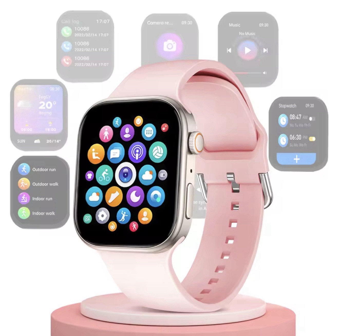Smart Watch 44mm Silver, Fitness Tracker, Pink/White/Black Silicone Bands