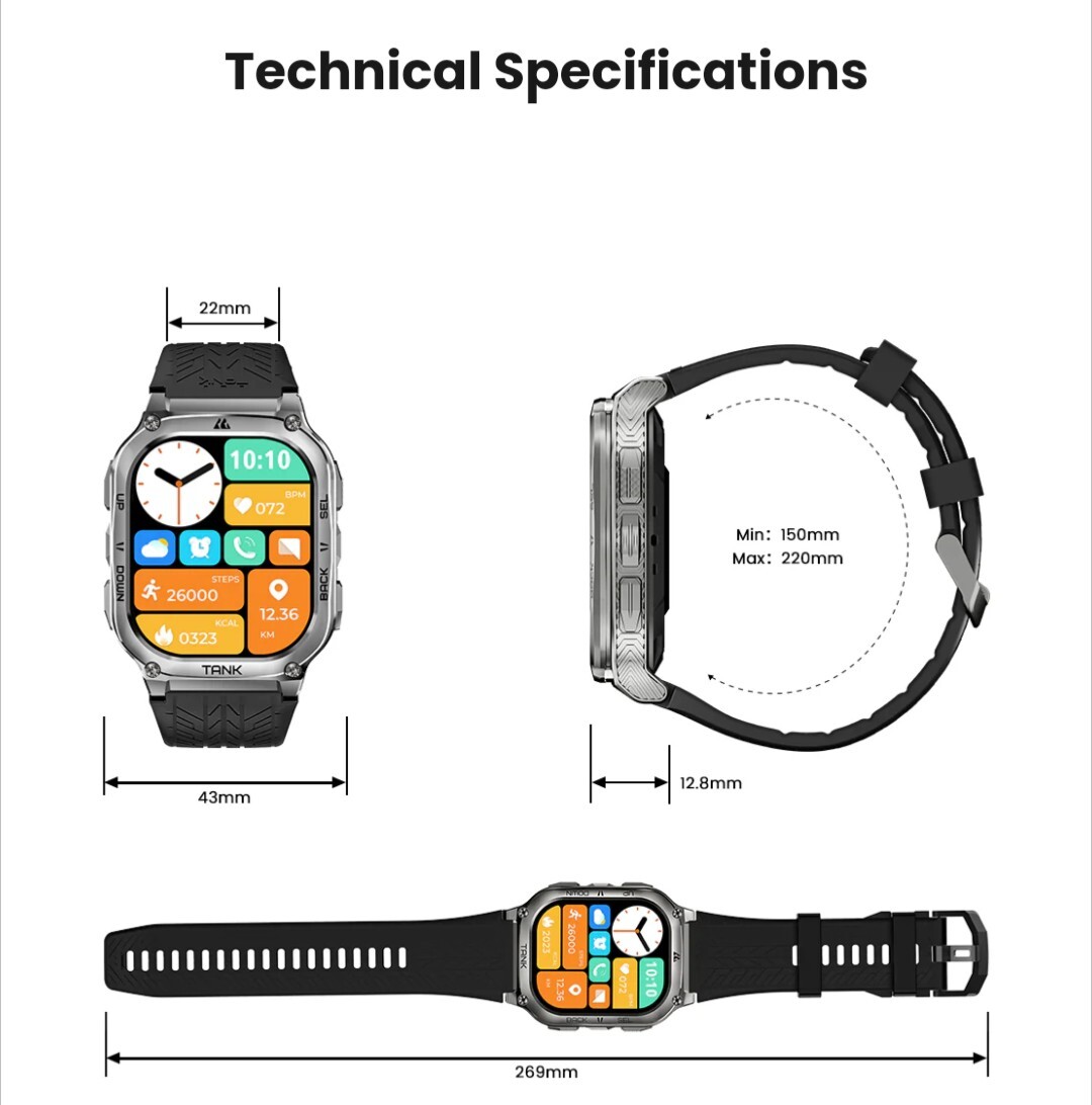 2024 KOSPET TANK M3 Smart Watch BLACK for Men Long Battery Life 50M Waterproof