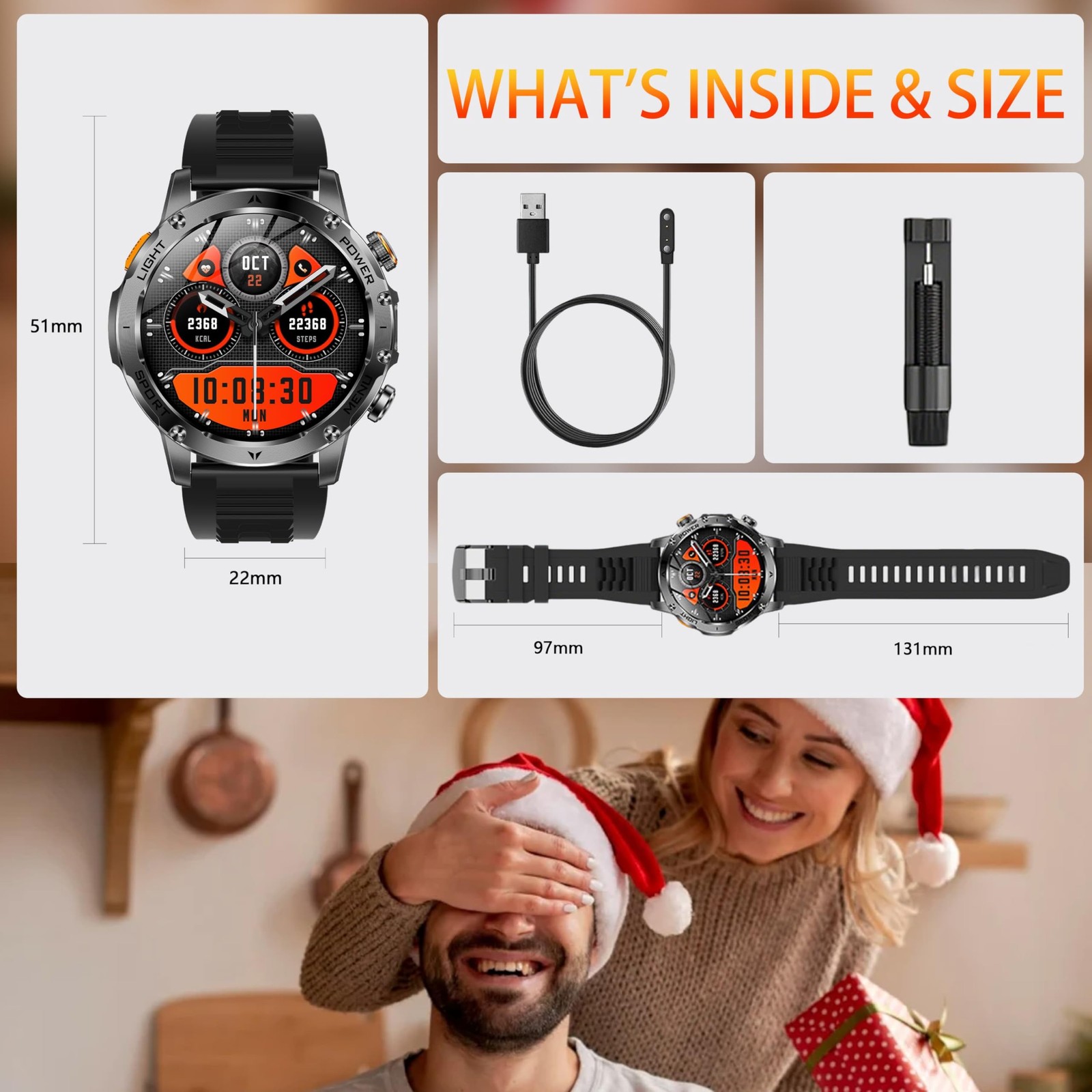 KPEP Military Smart Watches for Men with 2 Straps, 1000mAh Battery/LED Flashligh