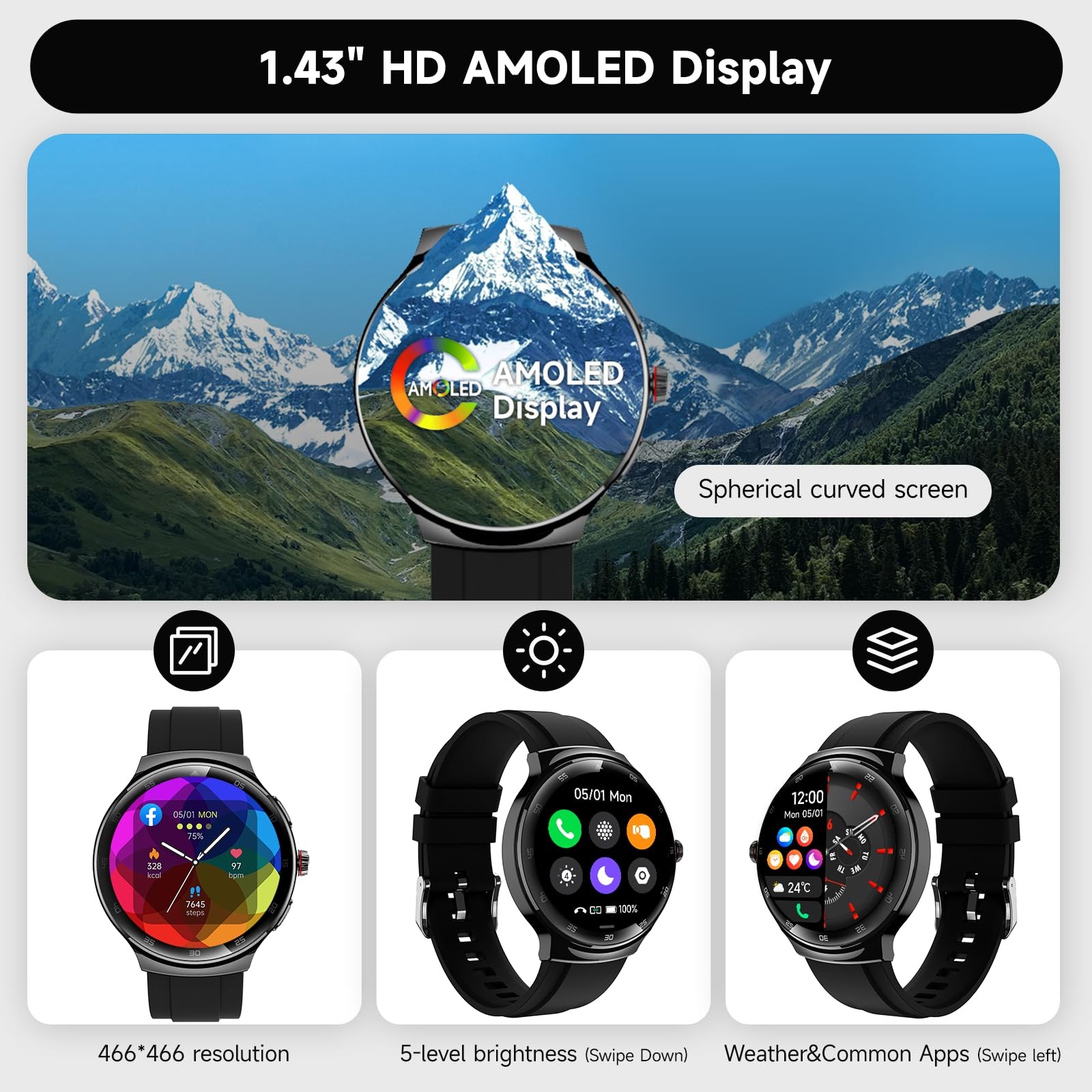 MOLOURK P30 Smart Watch 1.43″ AMOLED Curved Screen Fitness Tracker Bluetooth Cal