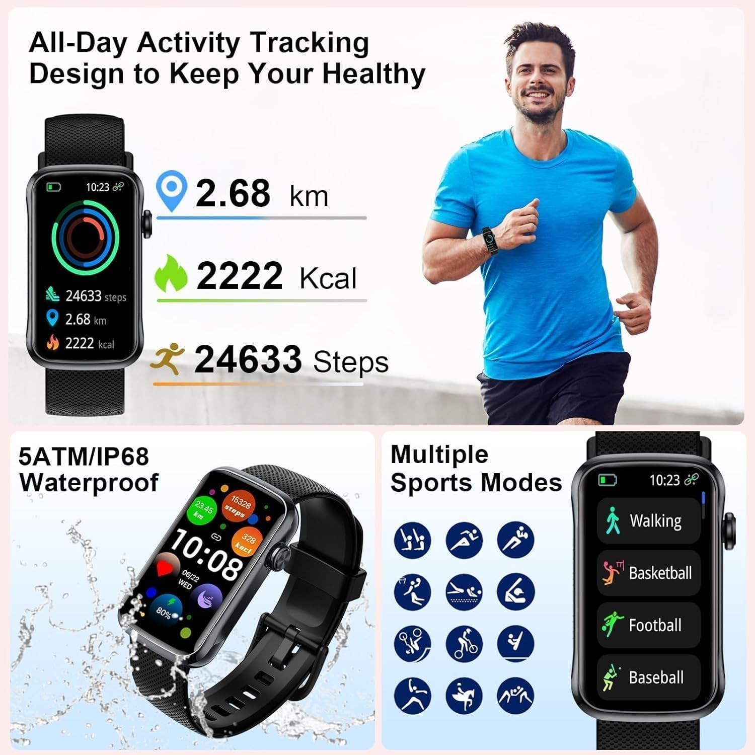 Smart Watch, Smartwatch for Men Women with 24 Sport Modes, IP68 Waterproof Fitne