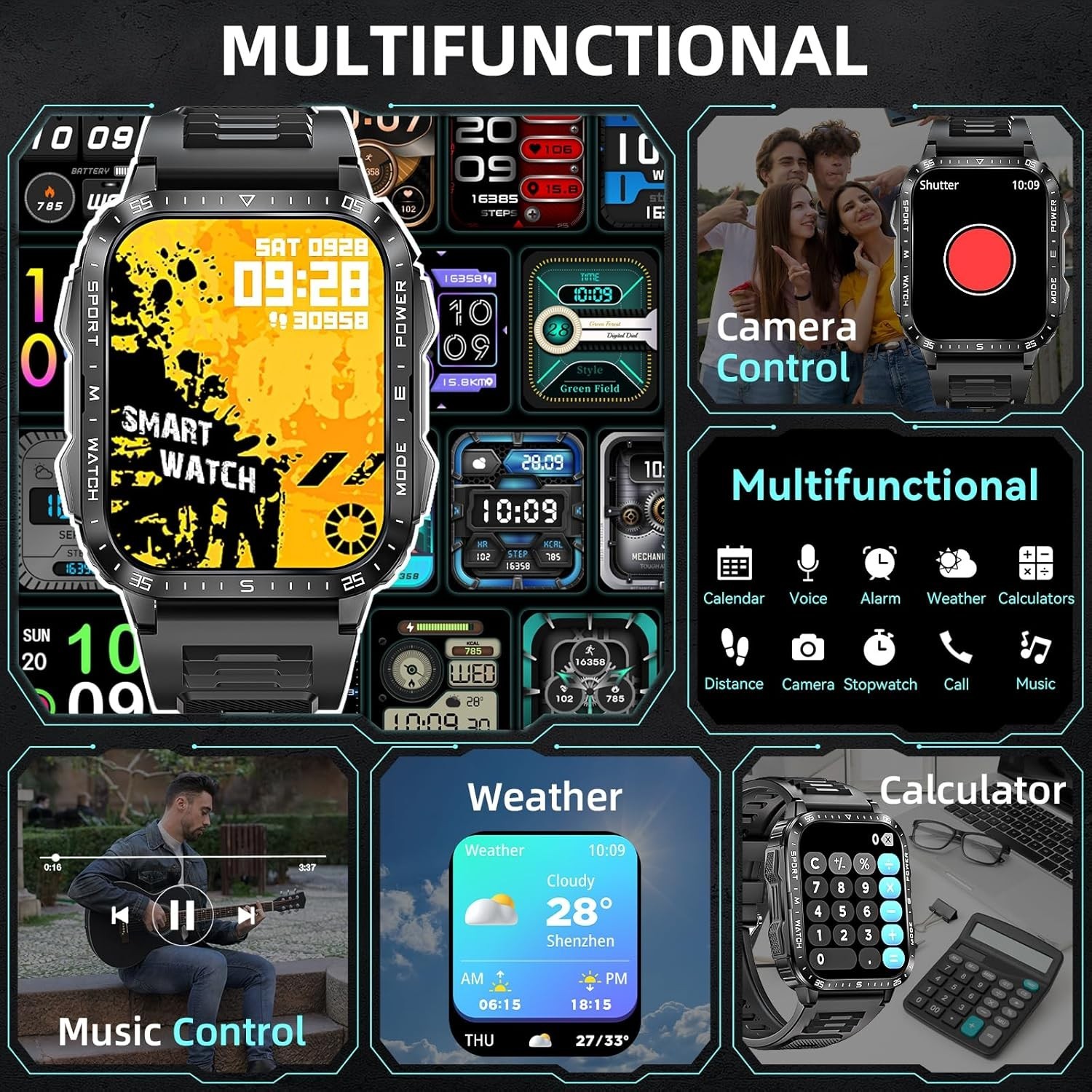 Military Smartwatch 1.96″ Bluetooth Call with LED Flashlight Fitness Tracker