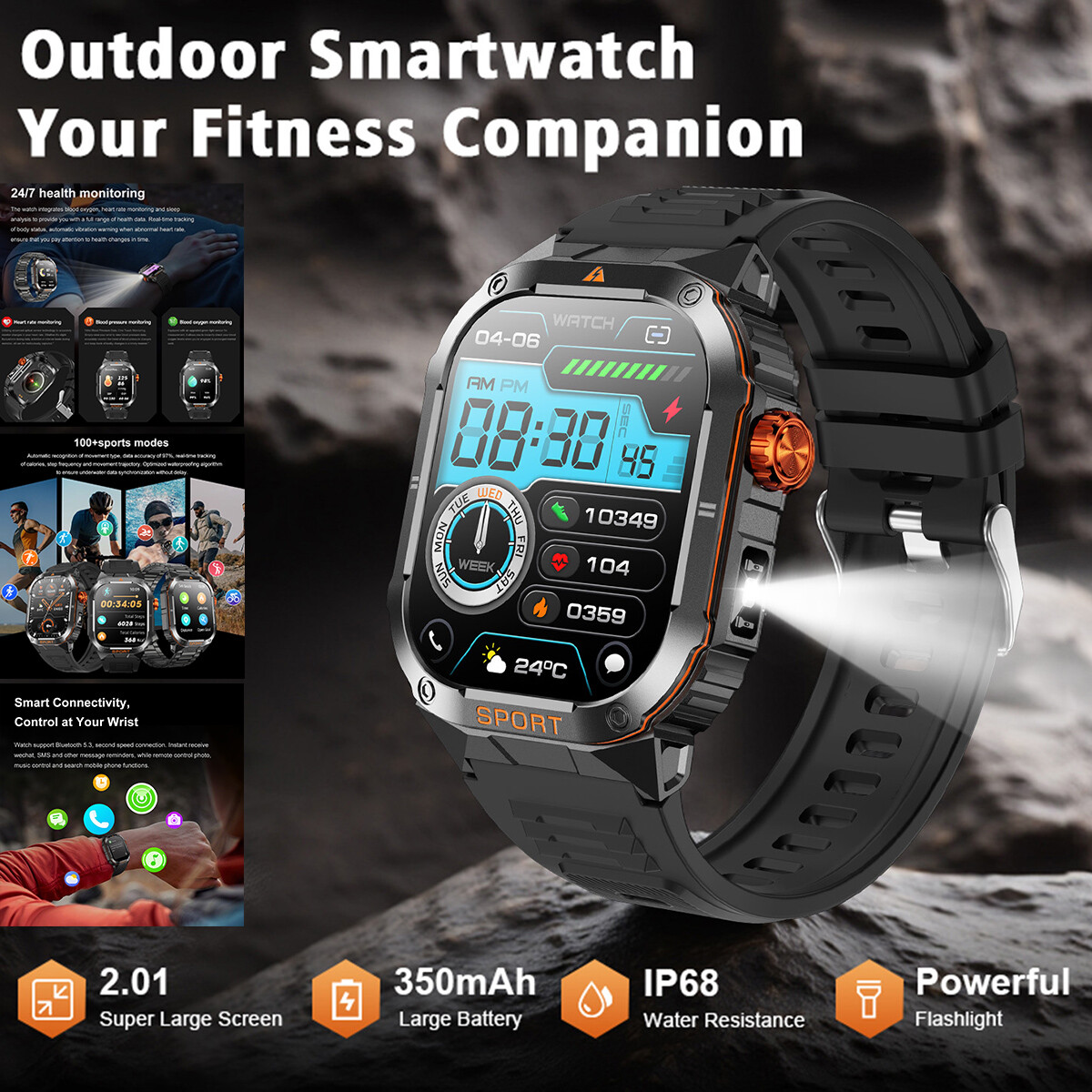 Smart Watch Bluetooth Heart Rate BP Sleep Monitor Waterproof Rugged Sport Watch