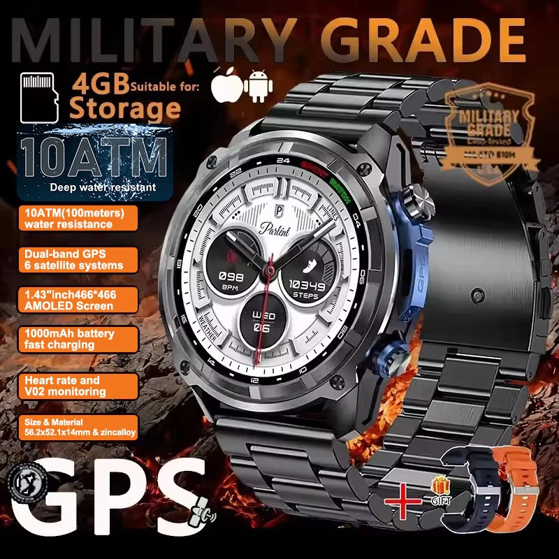 2025New Men Military GPS Map Smart Watch T-Rex3 Compass 4GB Memory 1000Mah Batte