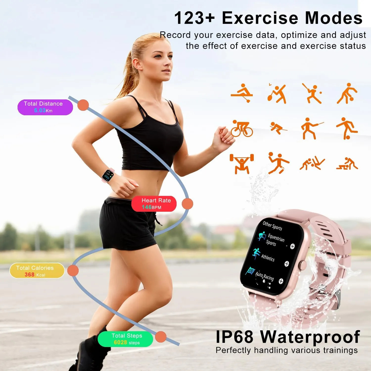 Smart Watch 1.83 Inch Touchscreen IP68 Waterproof Fitness Tracker Pink Call Sync