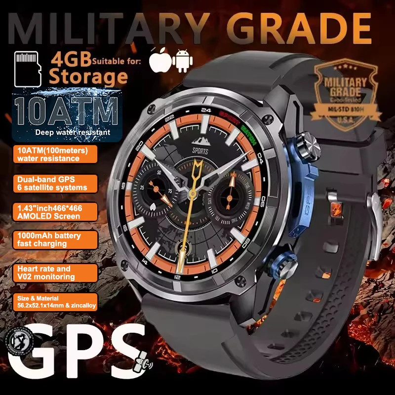 2025New Men Military GPS Map Smart Watch T-Rex3 Compass 4GB Memory 1000Mah Batte