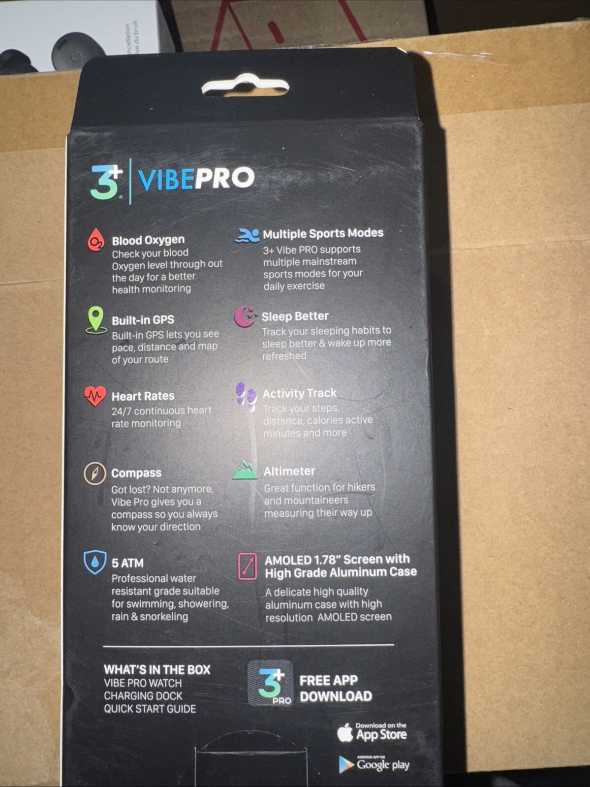 New/Sealed – 3+ VibePro Smartwatch Blood Oxygen, Heart Rate, GPS & more | Black