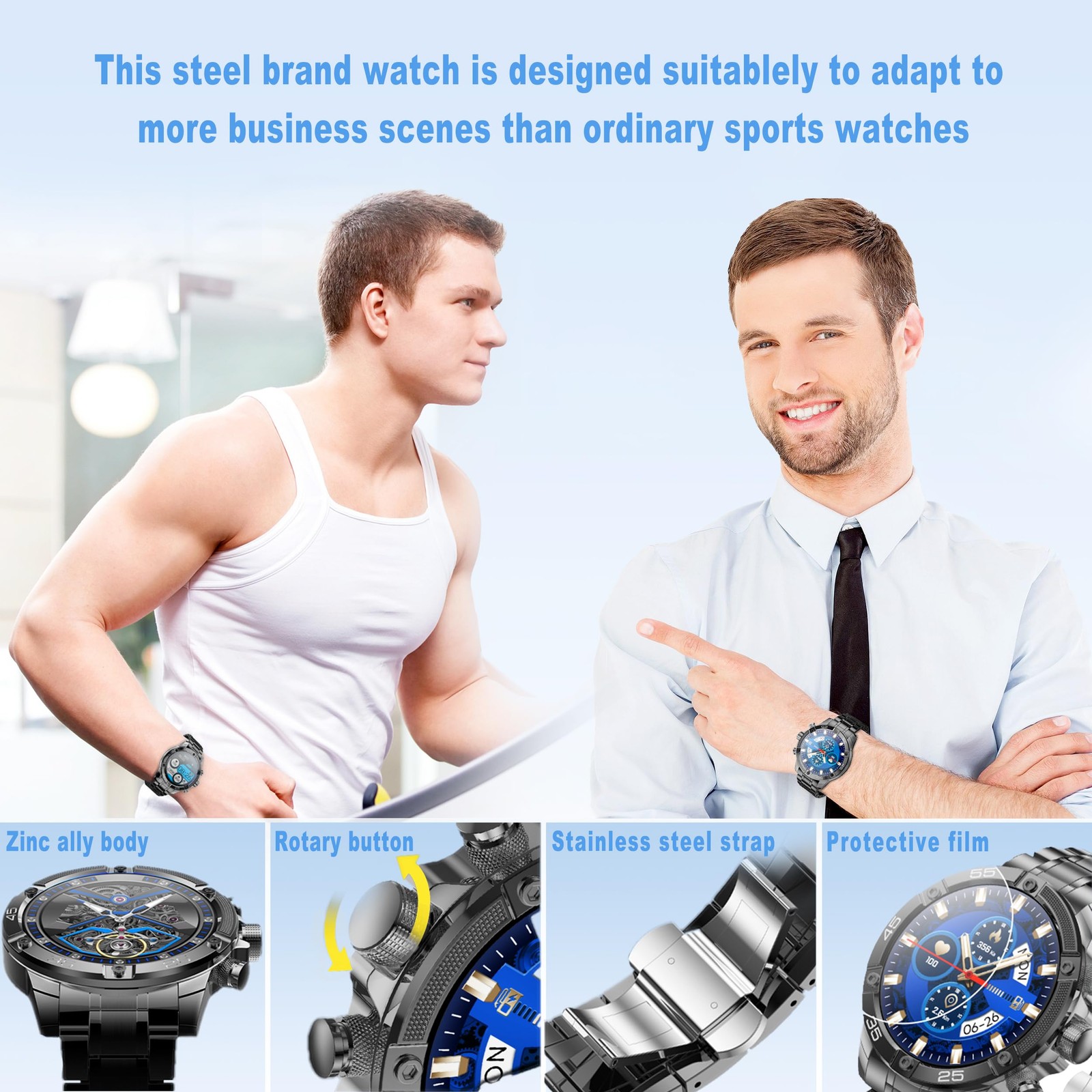 Men’s Round HD 1.53″ Gold Blue Watches for Men, Multiple Sports Modes, Blueto…