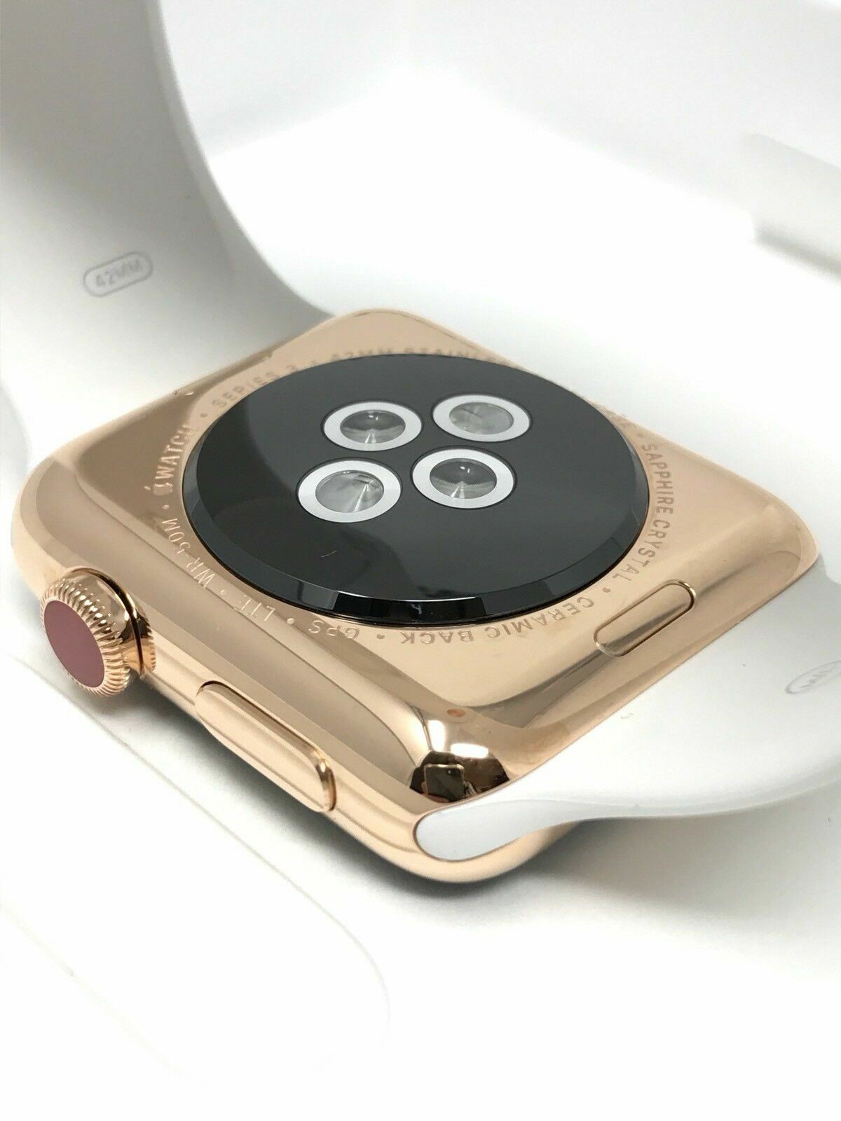 24K ROSE Gold Plated 42MM Apple Watch, SERIES 3 White Sport Band GPS+LTE Custom