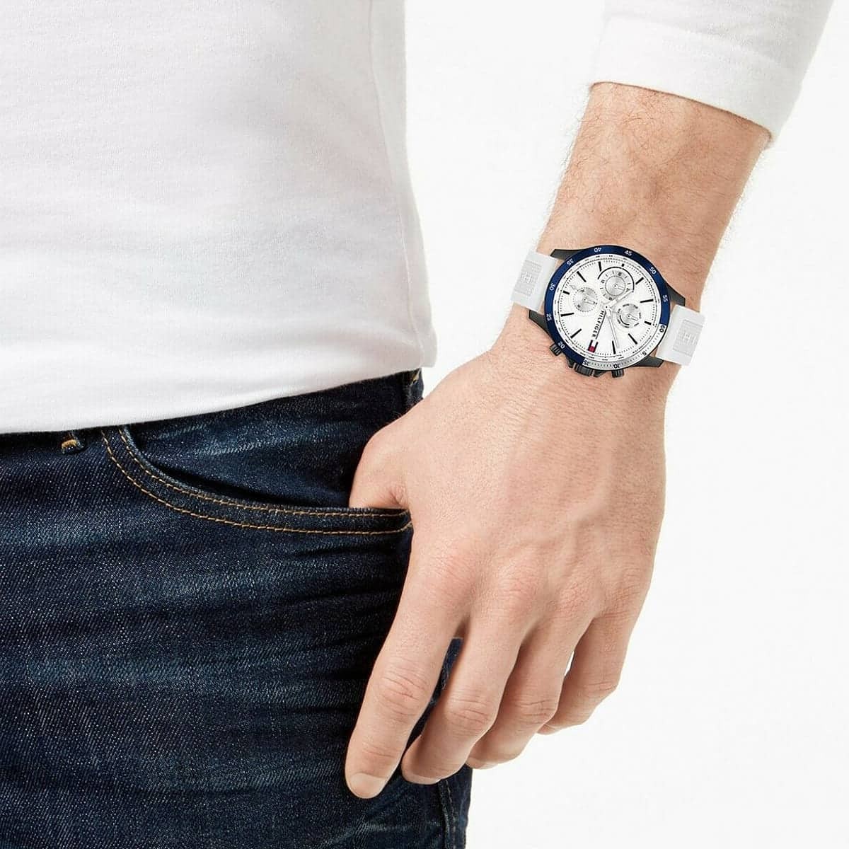 Tommy Hilfiger BANK Men’s Watch 1791723 White Silicone Strap Multi-Function 46mm